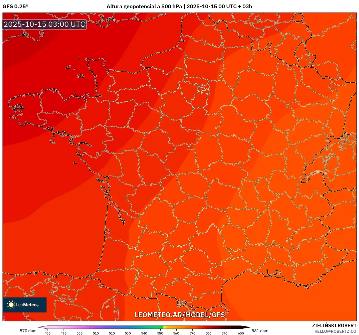 GFS model - Francia, Altura geopotencial a 500 hPa GFS model - Francia, Altura geopotencial a 500 hPa