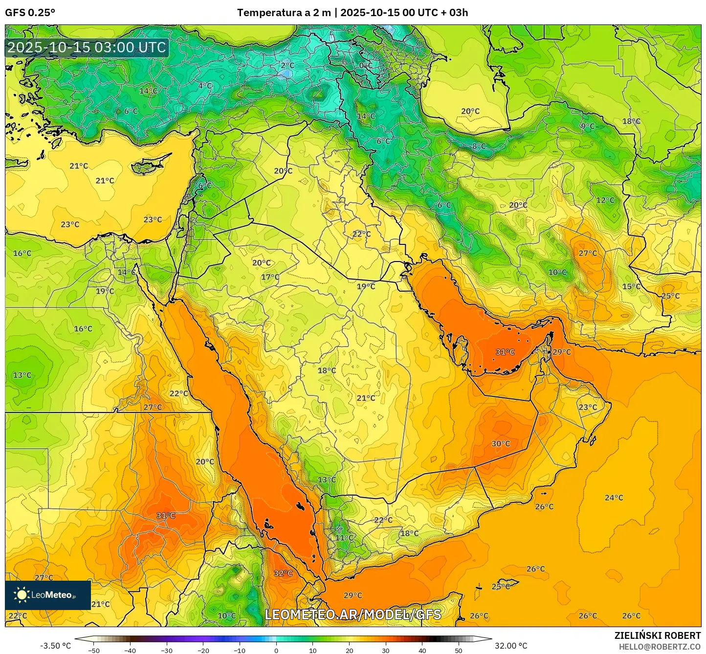 GFS model - Oriente Medio, Temperatura a 2 m GFS model - Oriente Medio, Temperatura a 2 m