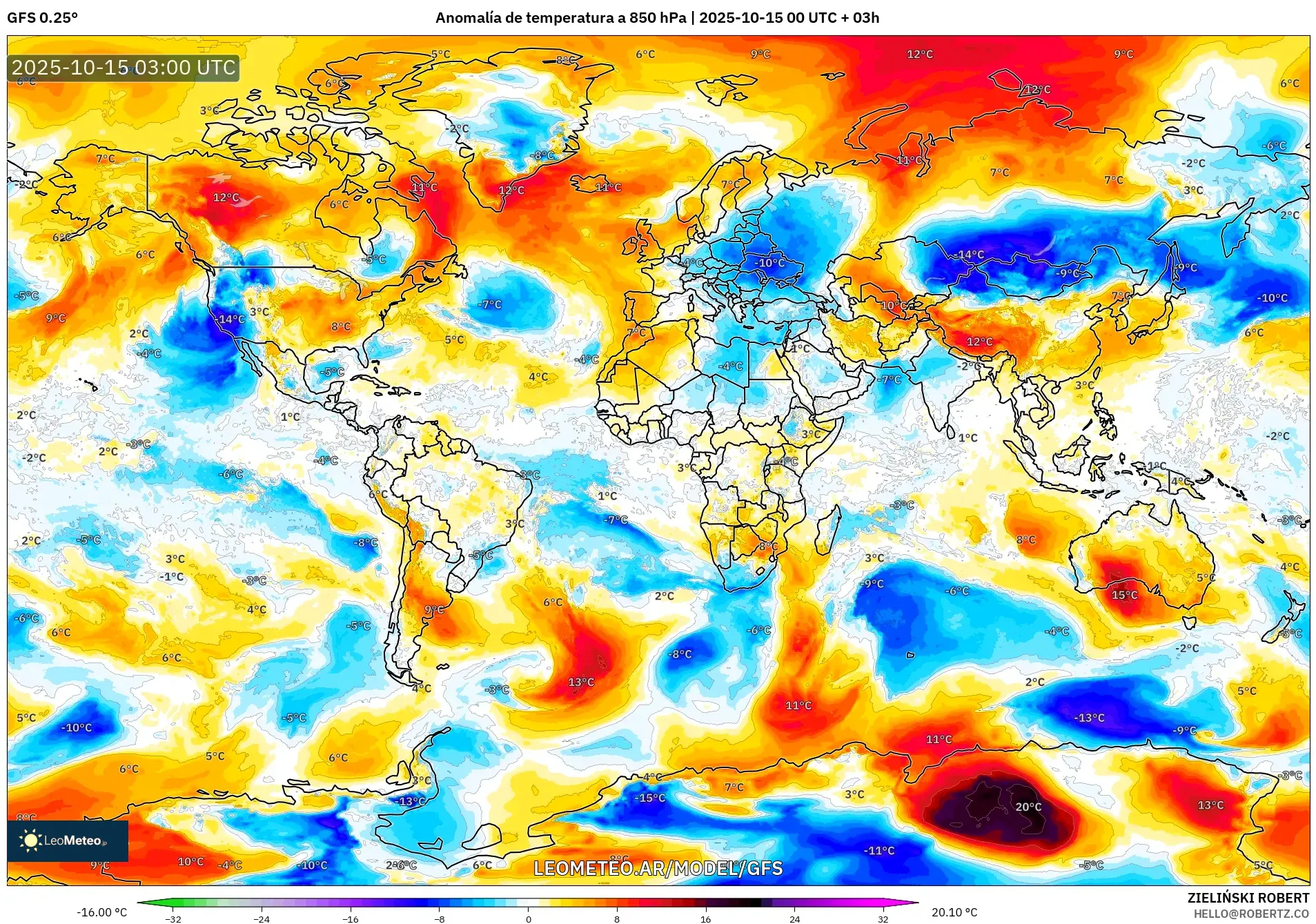 GFS model - Mundo, Anomalía de temperatura a 850 hPa