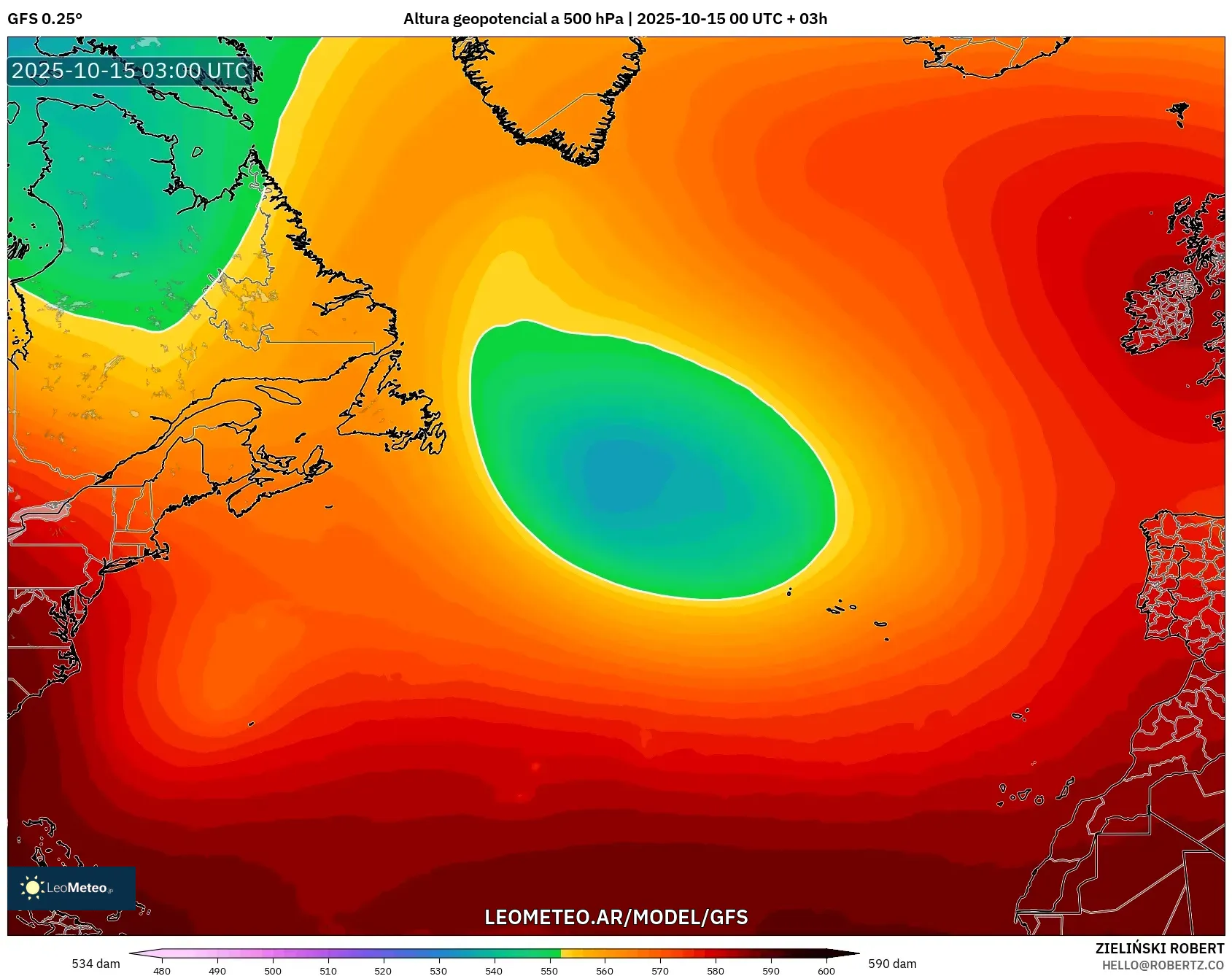 GFS model - Norte Atlántico, Altura geopotencial a 500 hPa GFS model - Norte Atlántico, Altura geopotencial a 500 hPa