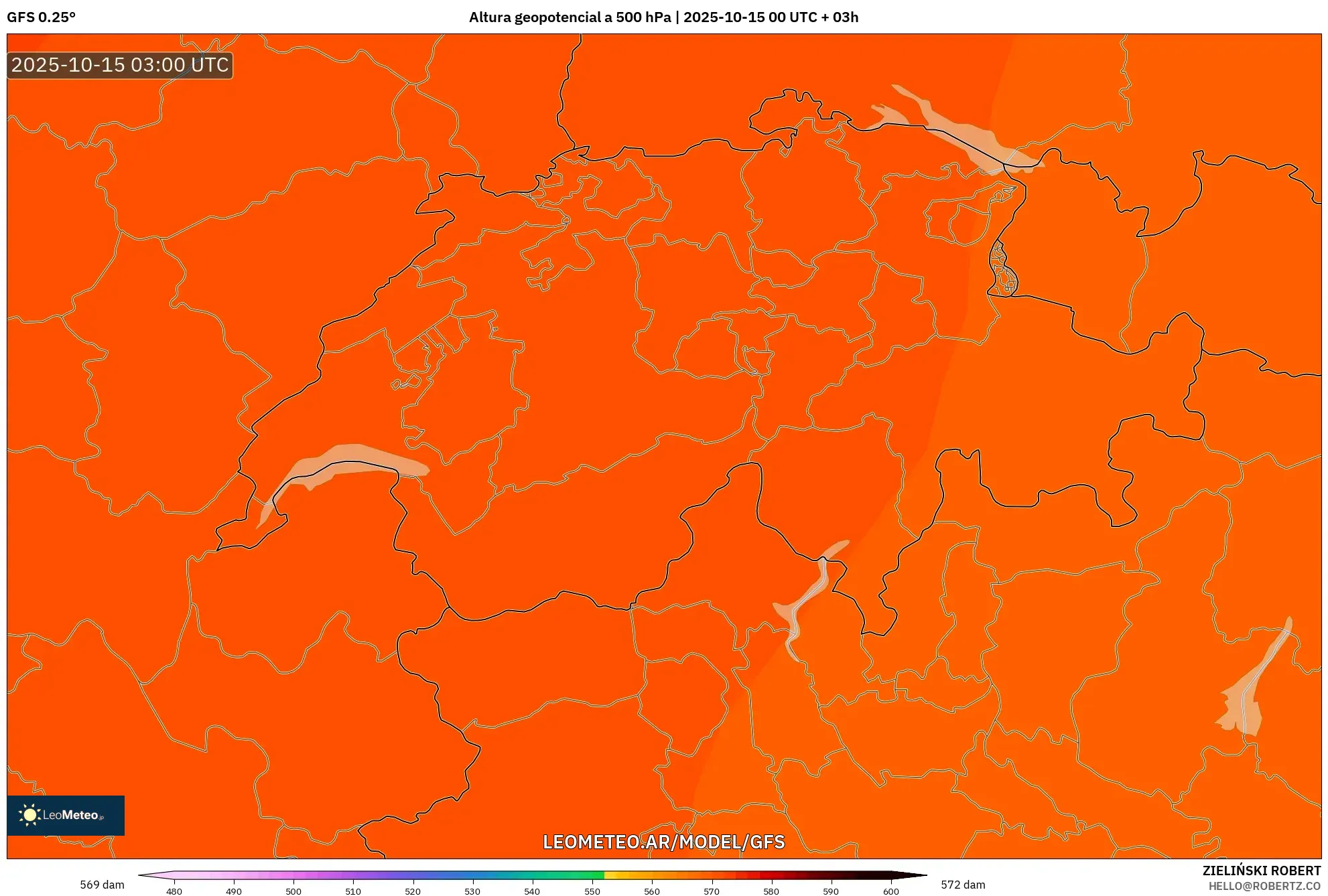 GFS model - Suiza, Altura geopotencial a 500 hPa GFS model - Suiza, Altura geopotencial a 500 hPa