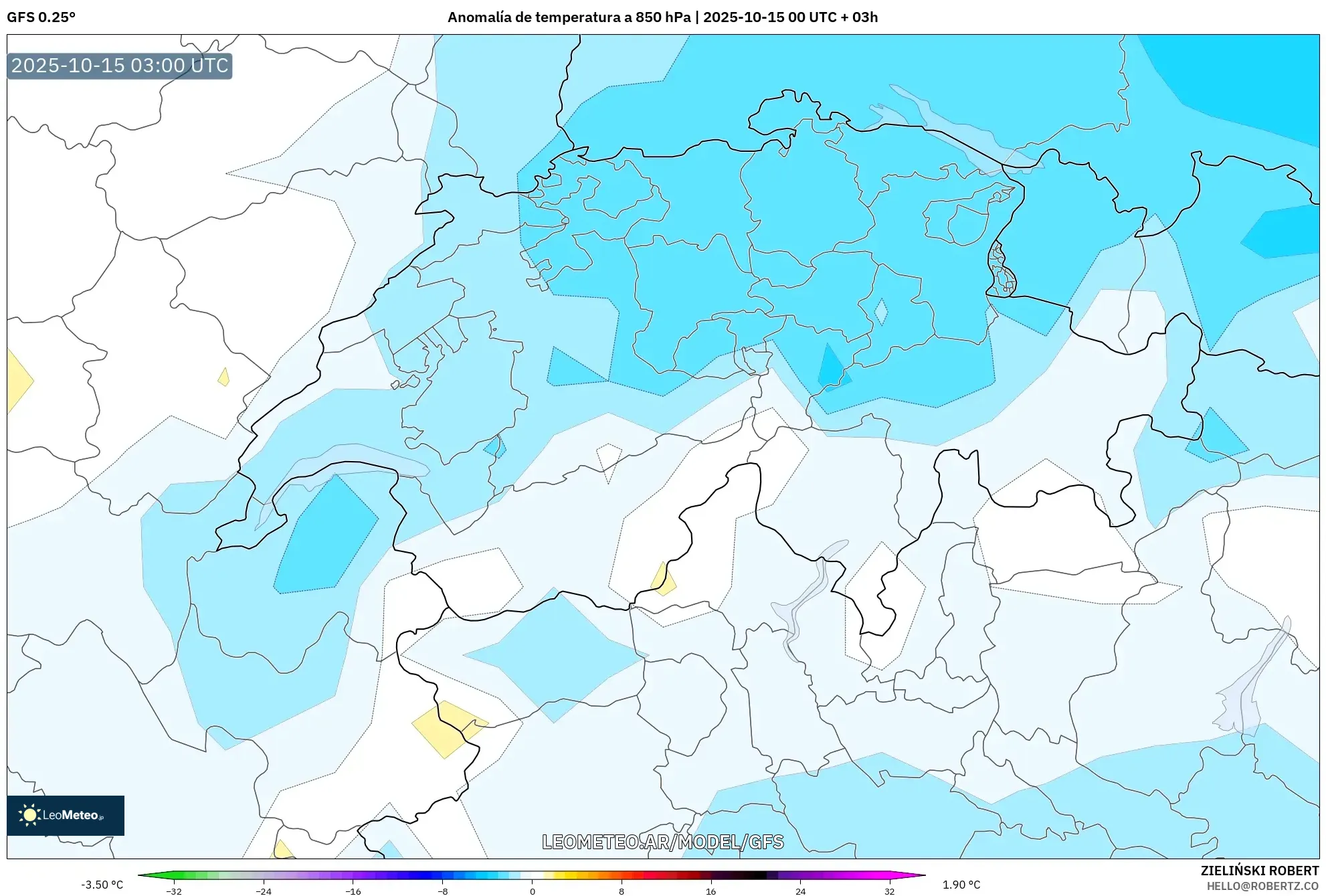 GFS model - Suiza, Anomalía de temperatura a 850 hPa GFS model - Suiza, Anomalía de temperatura a 850 hPa