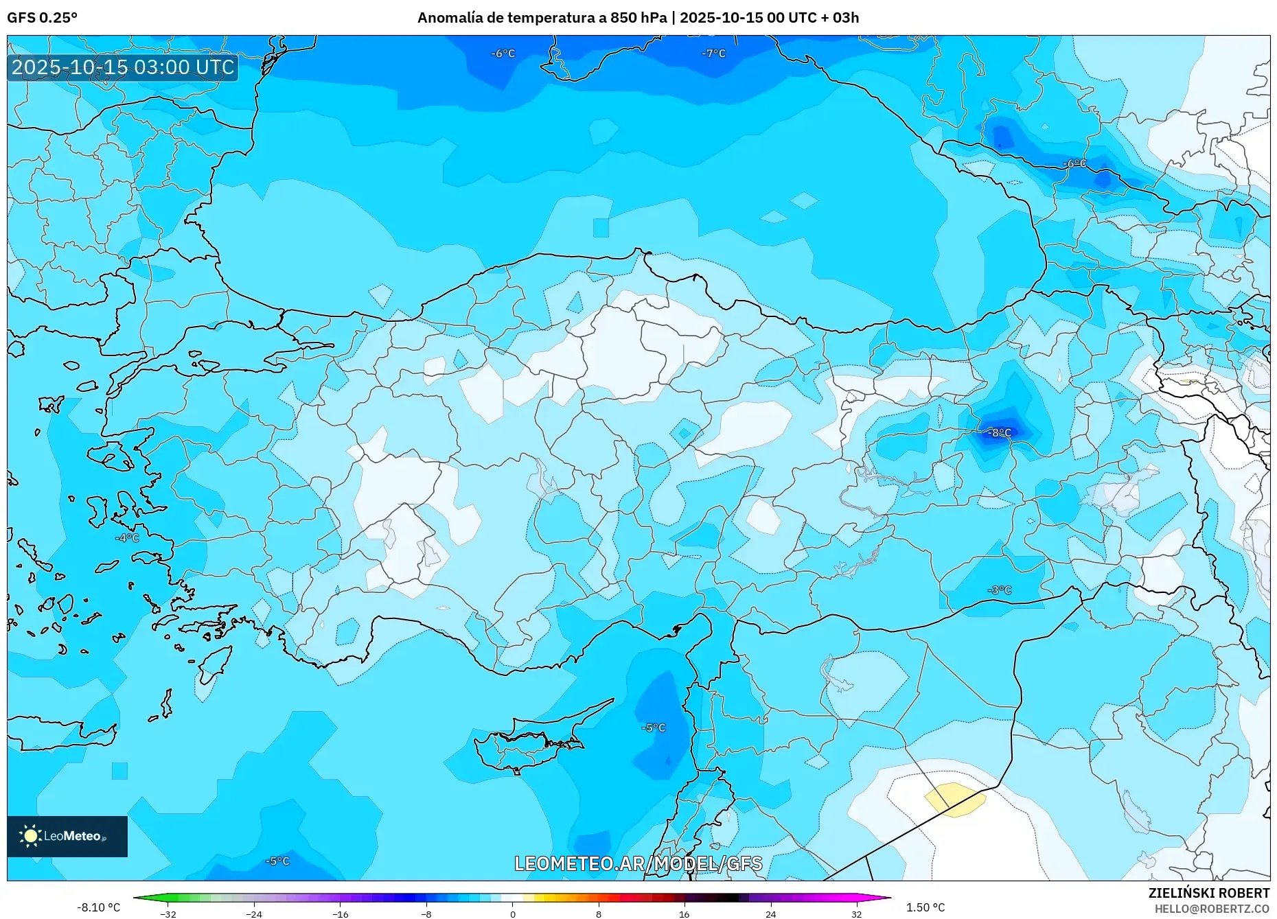 GFS model - Turquía, Anomalía de temperatura a 850 hPa