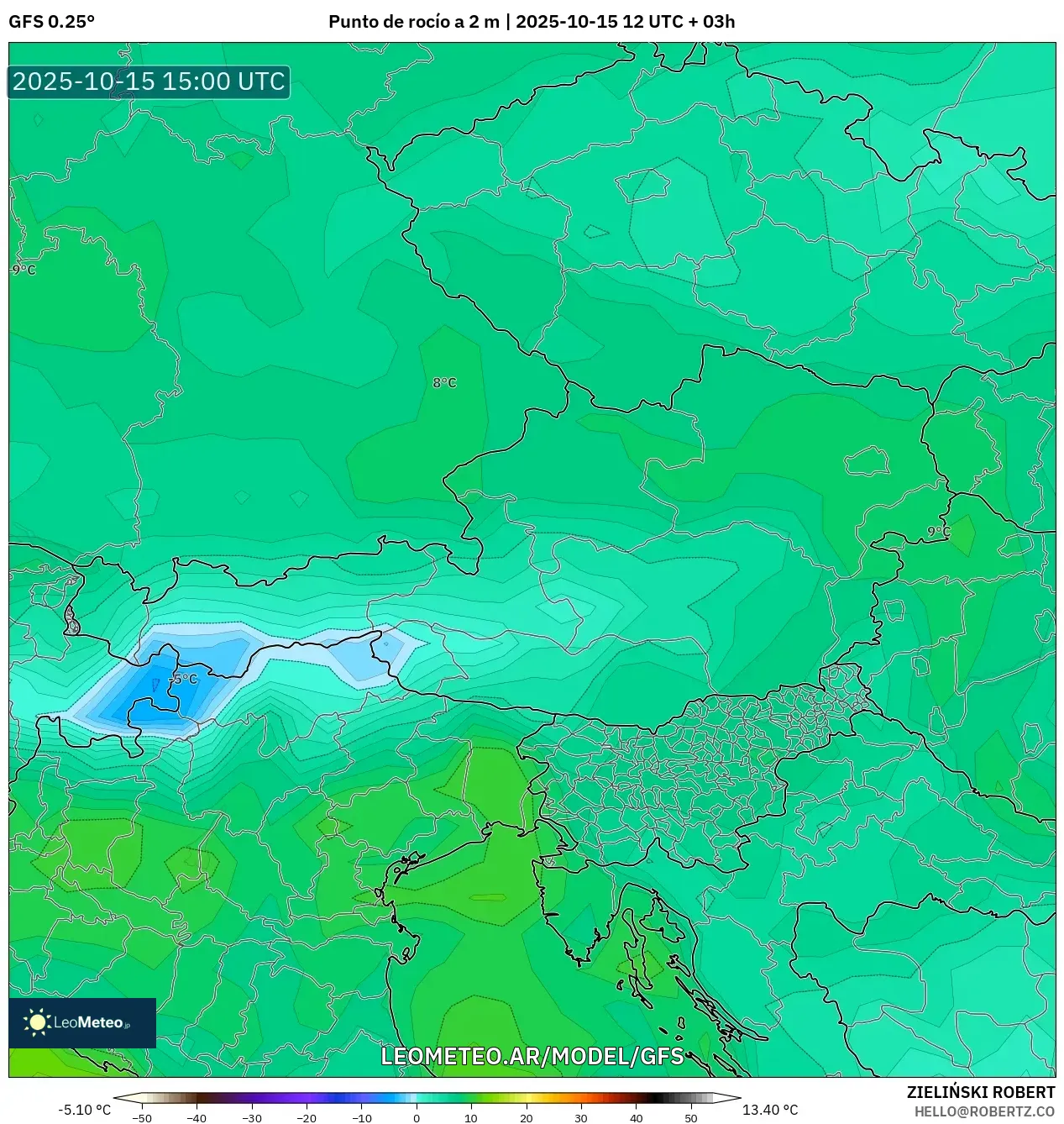 GFS model - Austria, Punto de rocío a 2 m GFS model - Austria, Punto de rocío a 2 m
