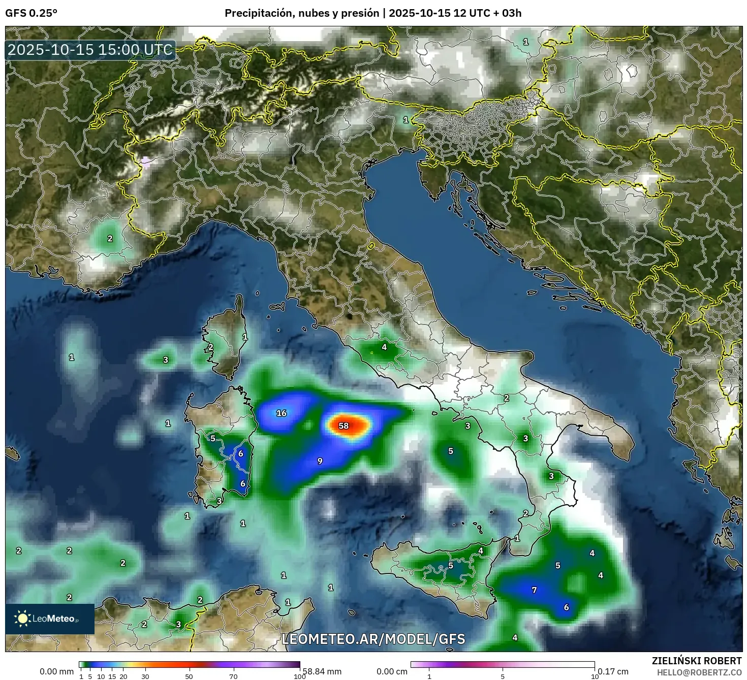 GFS model - Italia, Precipitación, nubes y presión GFS model - Italia, Precipitación, nubes y presión