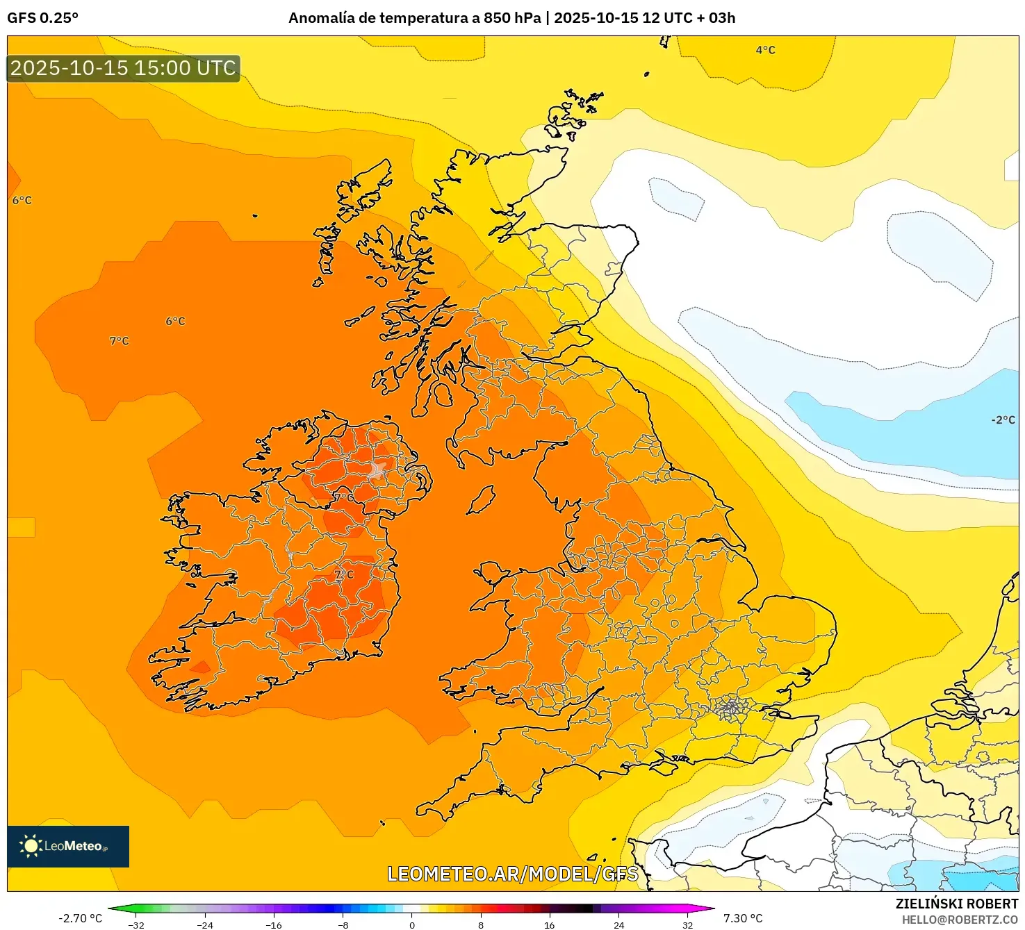 GFS model - Reino Unido, Anomalía de temperatura a 850 hPa GFS model - Reino Unido, Anomalía de temperatura a 850 hPa