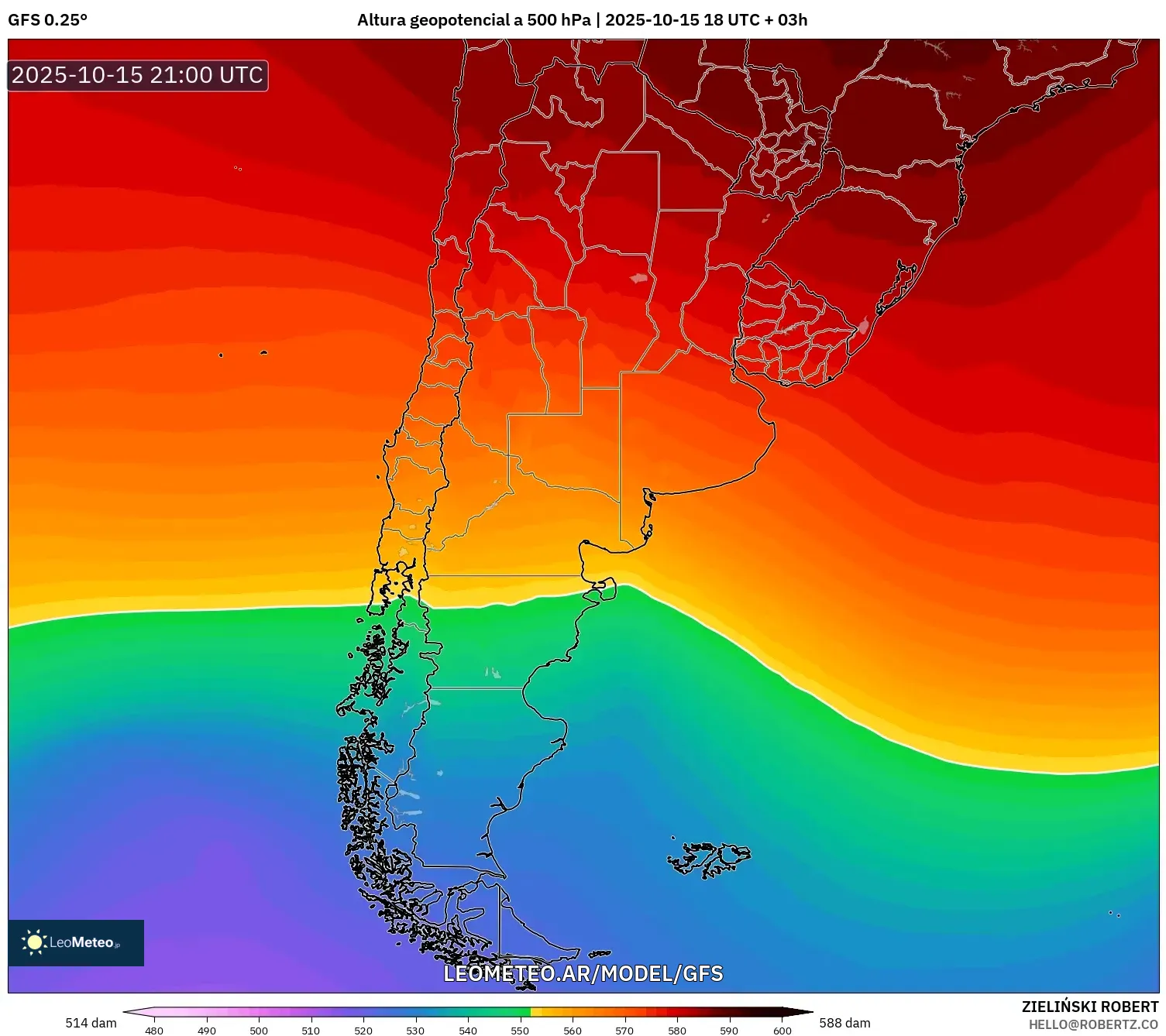 GFS model - Argentina, Altura geopotencial a 500 hPa GFS model - Argentina, Altura geopotencial a 500 hPa