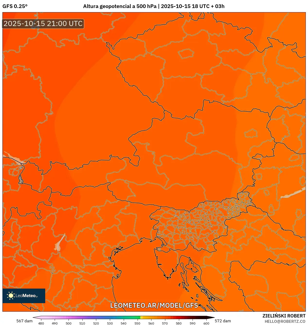 GFS model - Austria, Altura geopotencial a 500 hPa GFS model - Austria, Altura geopotencial a 500 hPa