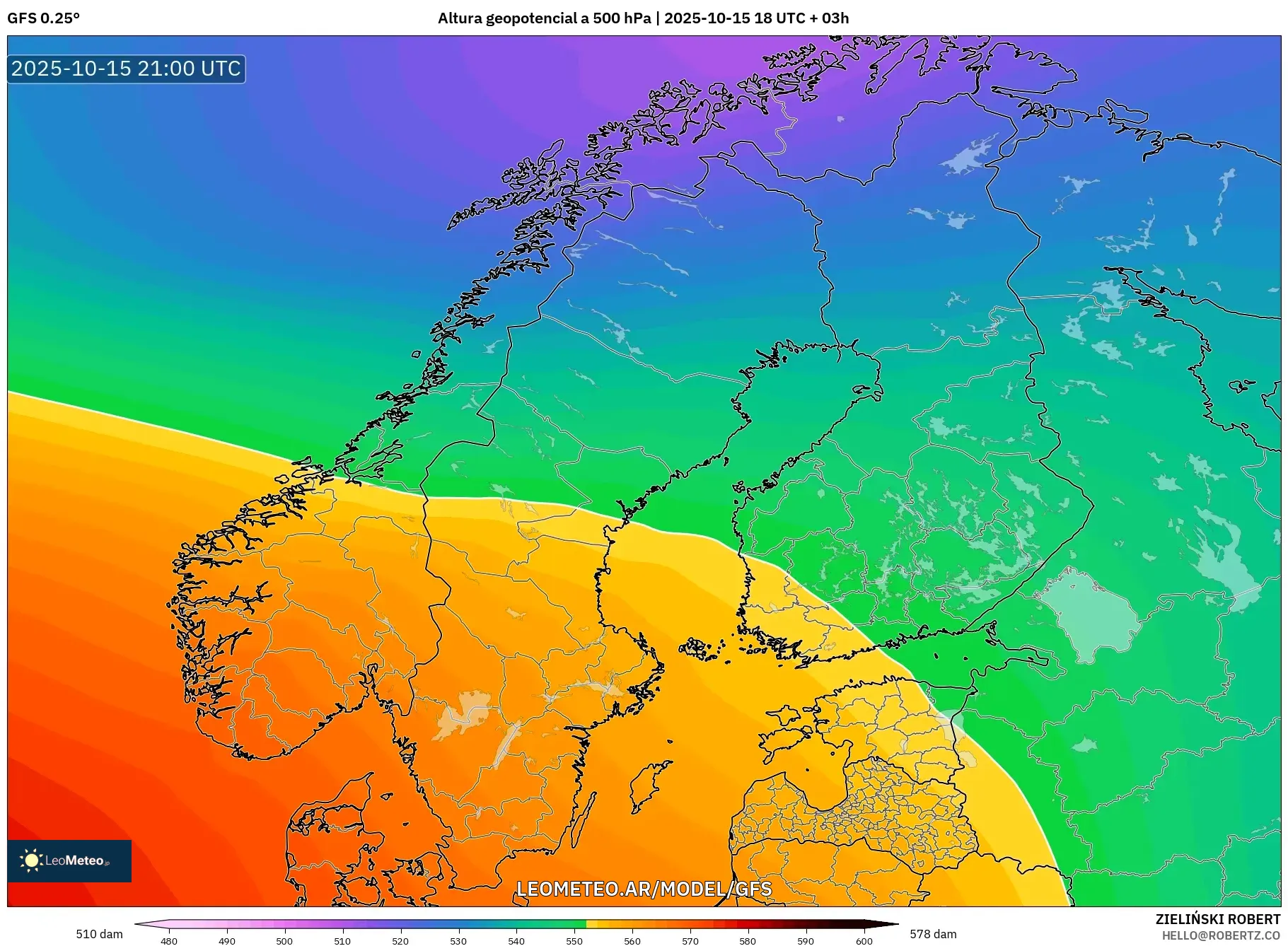GFS model - Escandinavia, Altura geopotencial a 500 hPa GFS model - Escandinavia, Altura geopotencial a 500 hPa