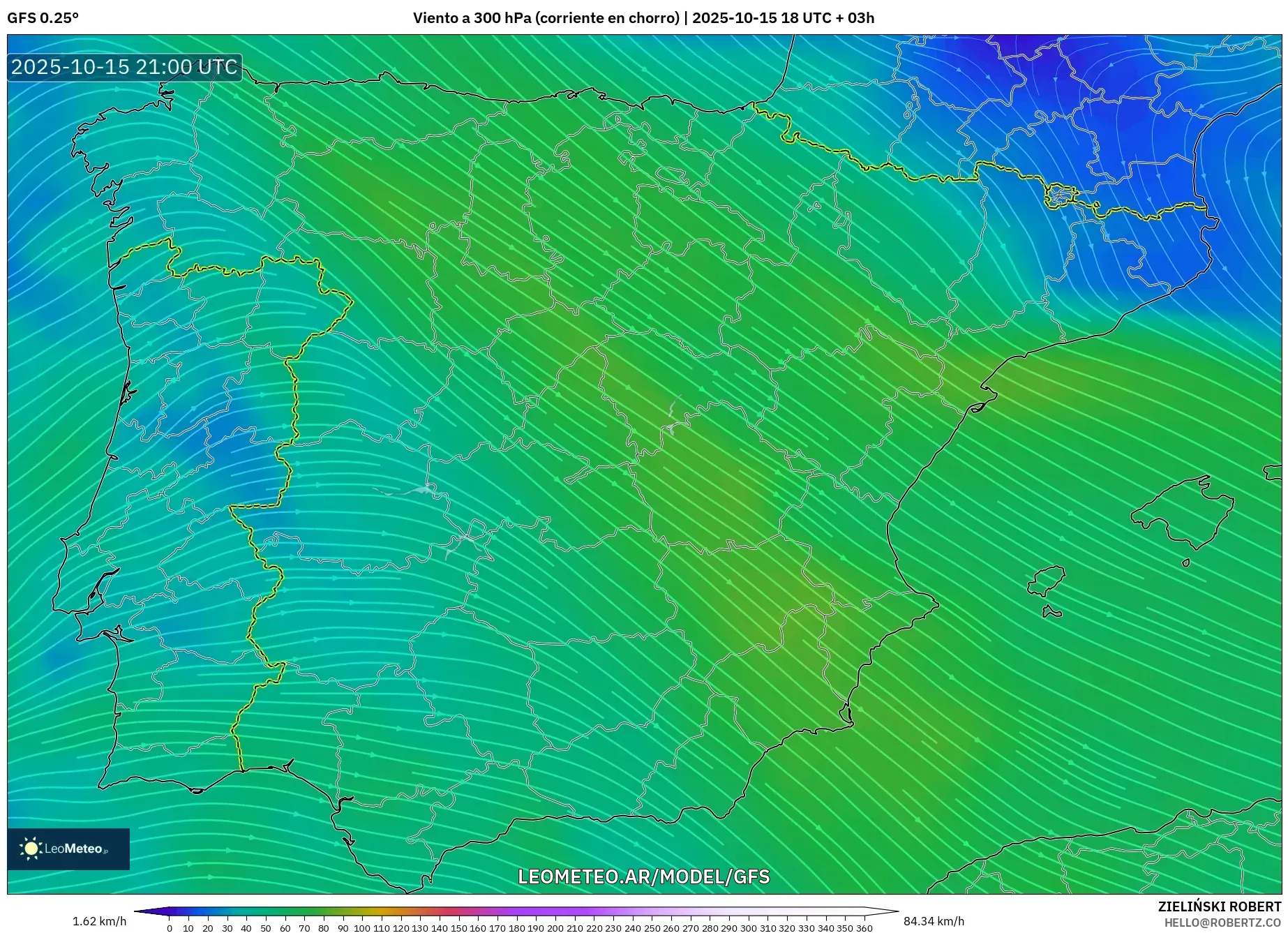 GFS model - España, Viento a 300 hPa (corriente en chorro) GFS model - España, Viento a 300 hPa (corriente en chorro)