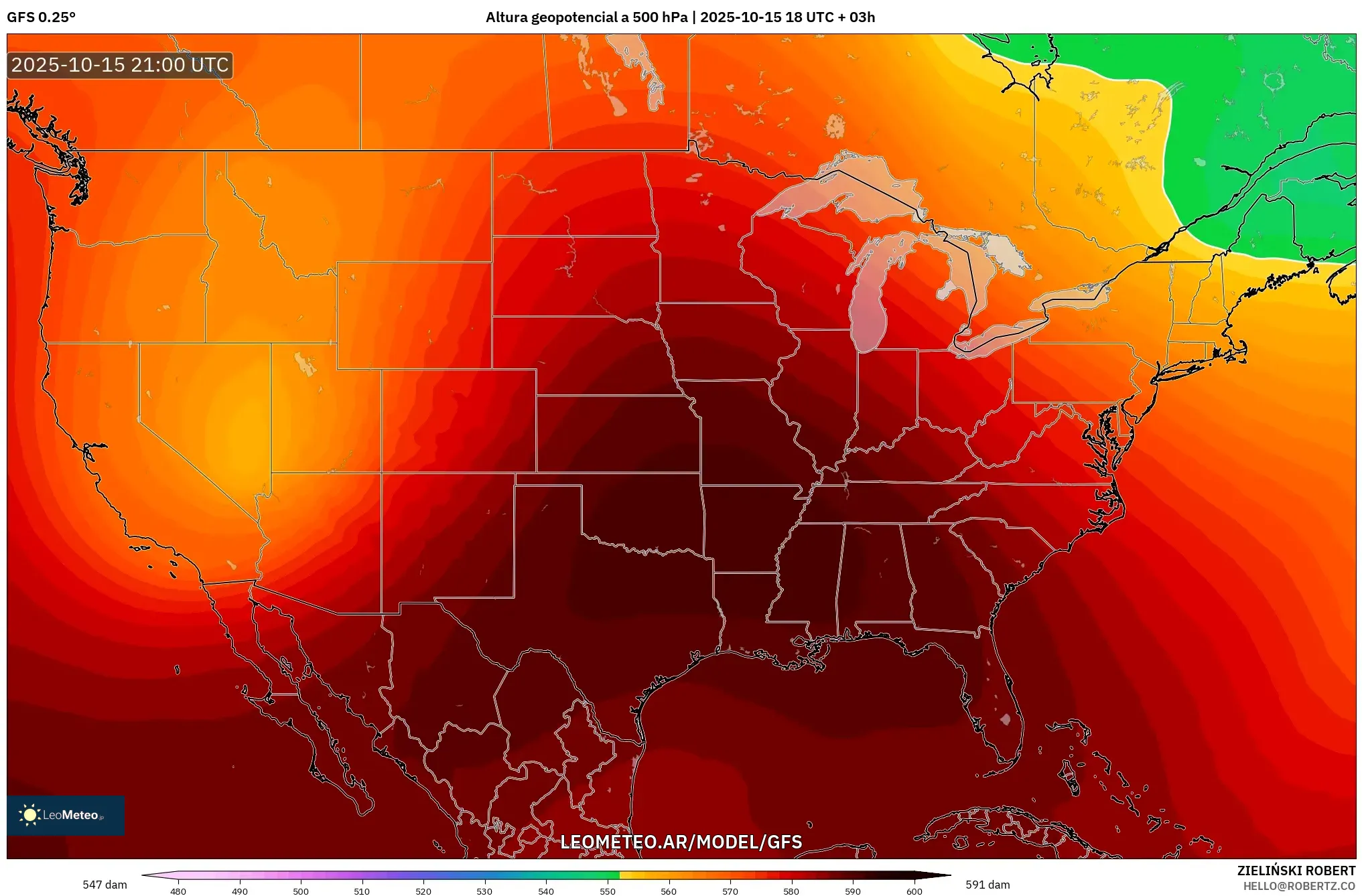 GFS model - Estados Unidos, Altura geopotencial a 500 hPa GFS model - Estados Unidos, Altura geopotencial a 500 hPa