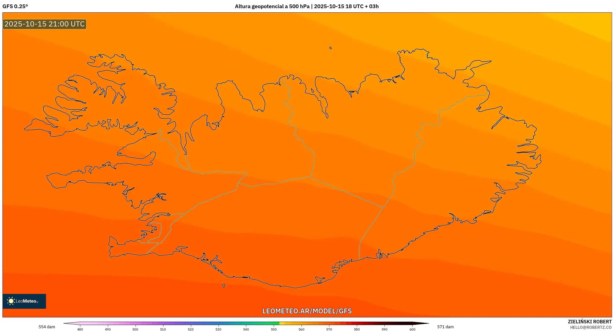 GFS model - Islandia, Altura geopotencial a 500 hPa GFS model - Islandia, Altura geopotencial a 500 hPa