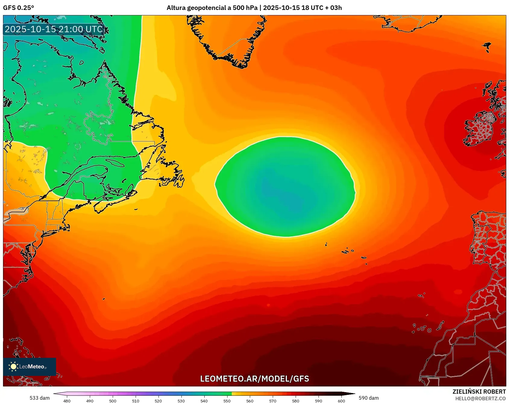 GFS model - Norte Atlántico, Altura geopotencial a 500 hPa GFS model - Norte Atlántico, Altura geopotencial a 500 hPa