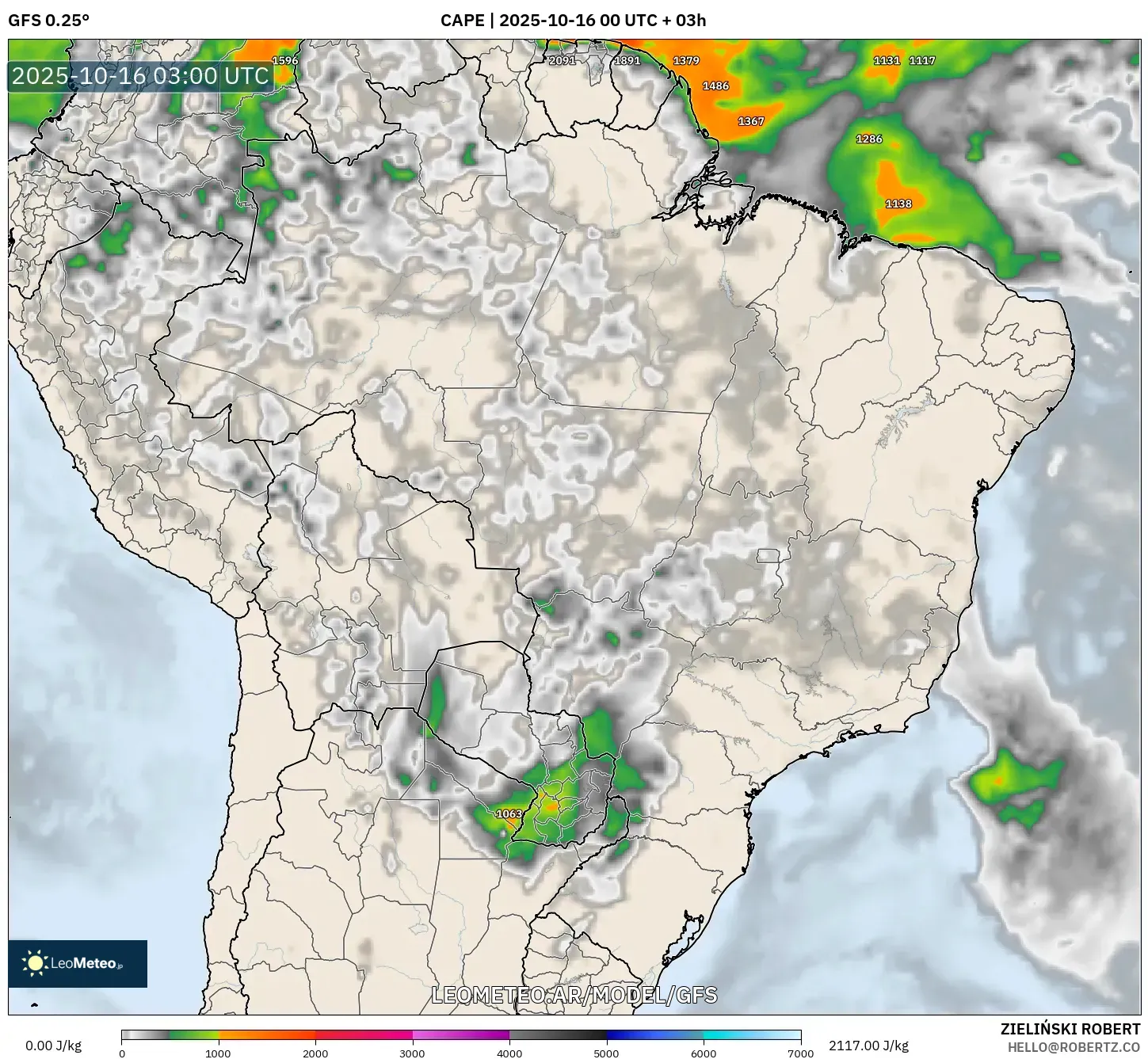 GFS model - Brasil, CAPE GFS model - Brasil, CAPE