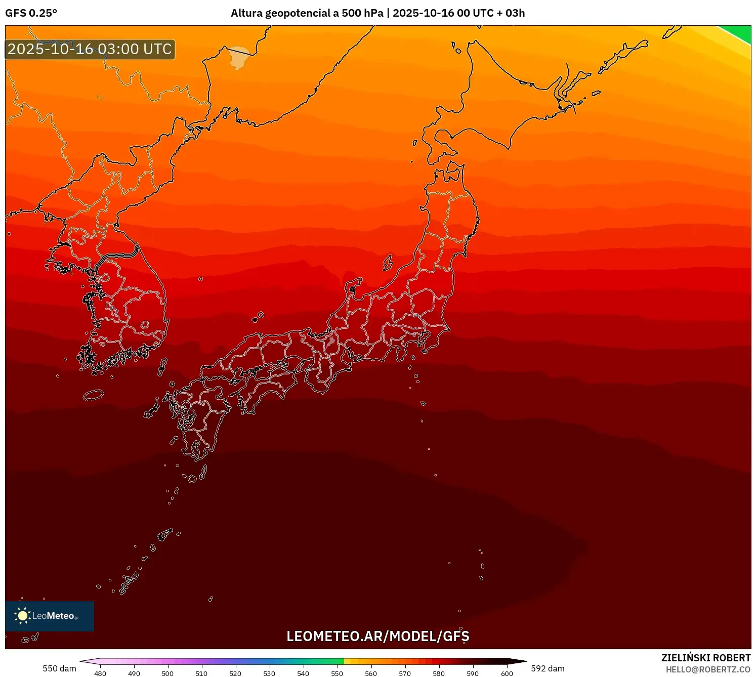 GFS model - Japón, Altura geopotencial a 500 hPa GFS model - Japón, Altura geopotencial a 500 hPa