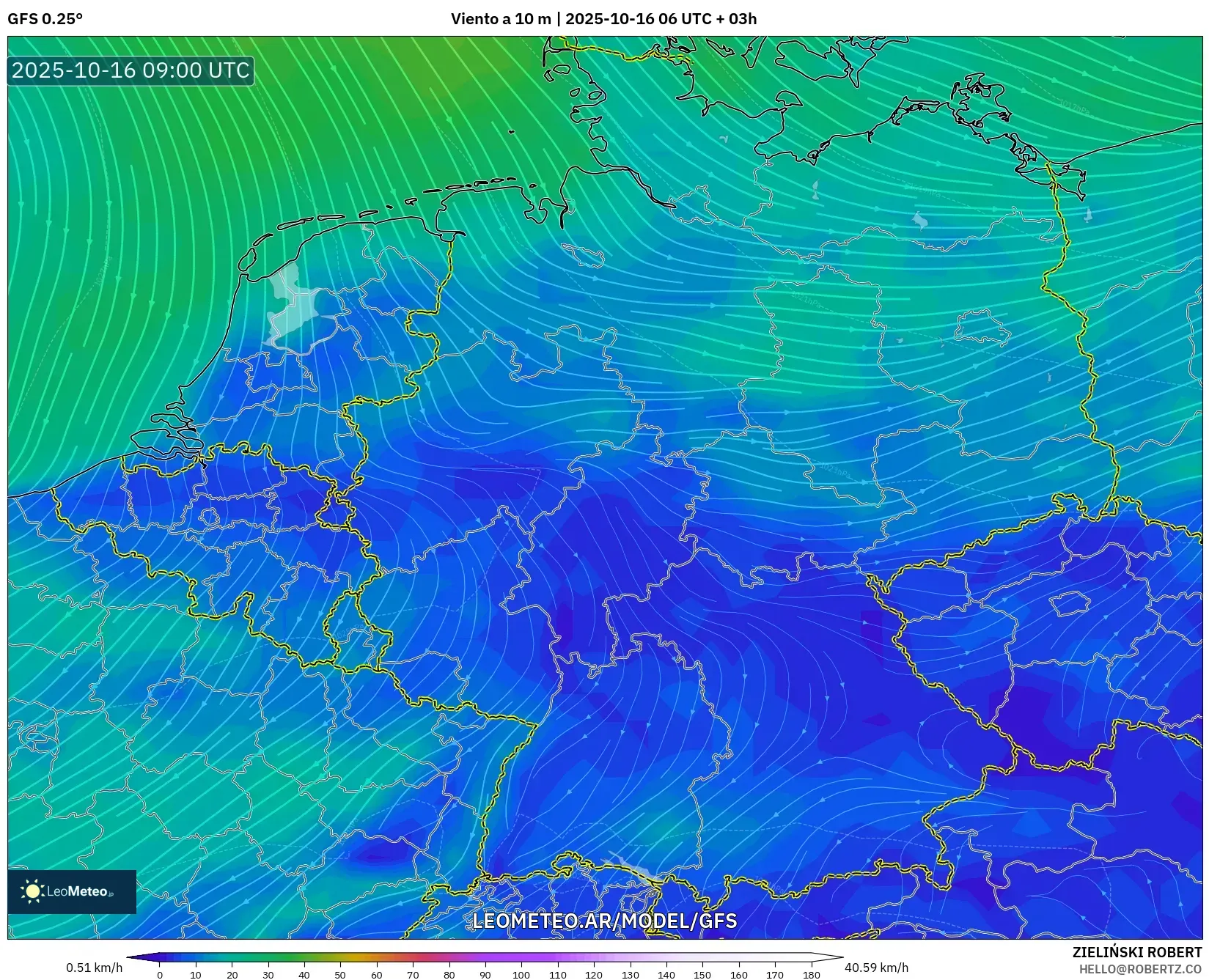 GFS model - Alemania, Viento a 10 m GFS model - Alemania, Viento a 10 m