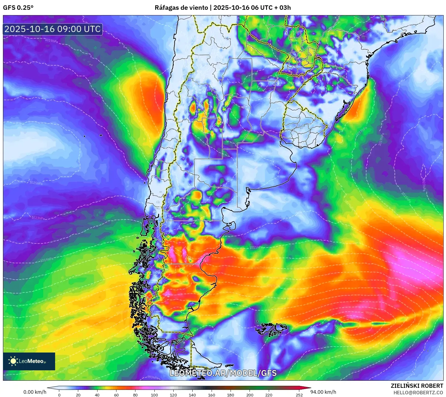 GFS model - Argentina, Ráfagas de viento GFS model - Argentina, Ráfagas de viento