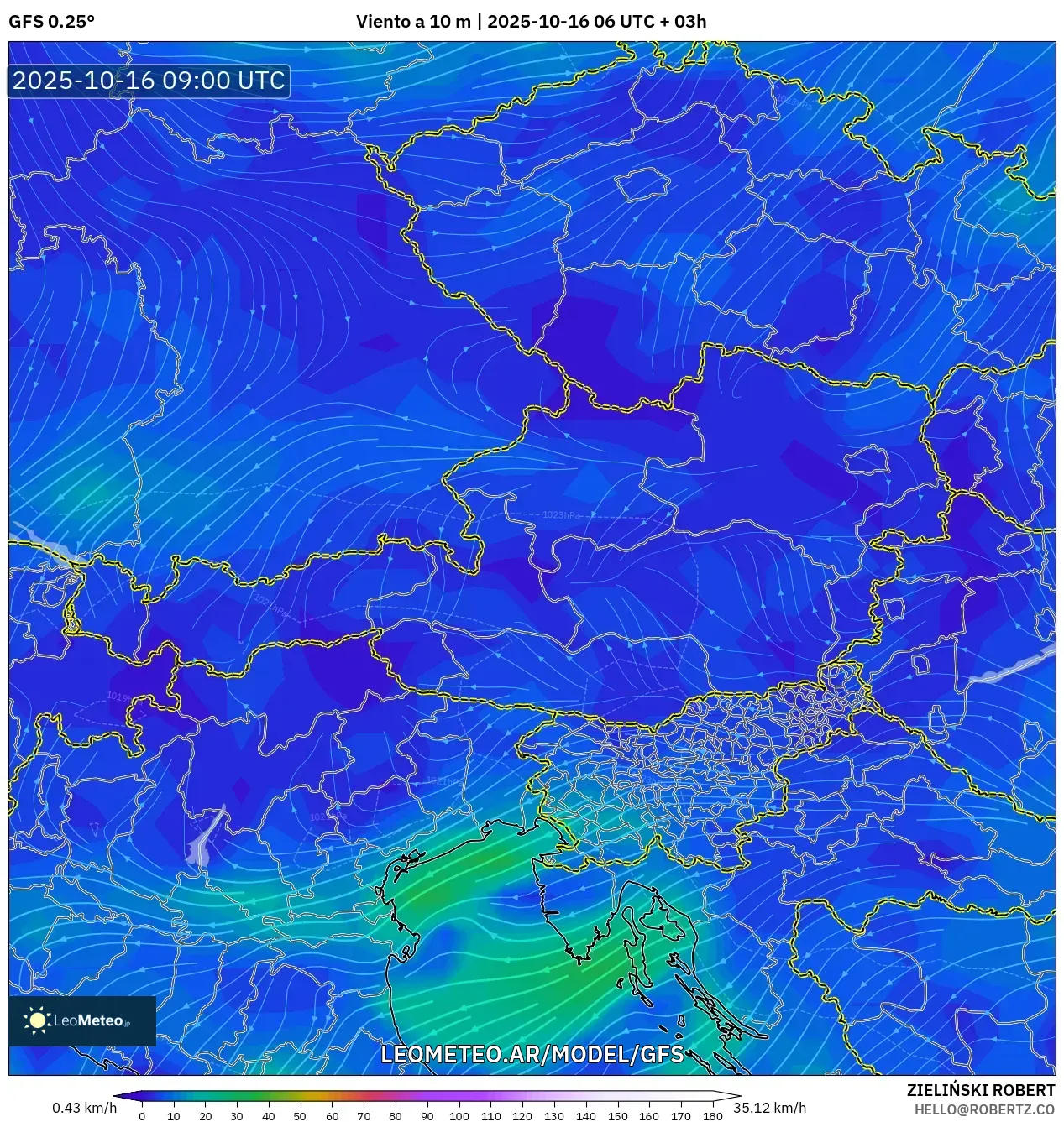 GFS model - Austria, Viento a 10 m GFS model - Austria, Viento a 10 m