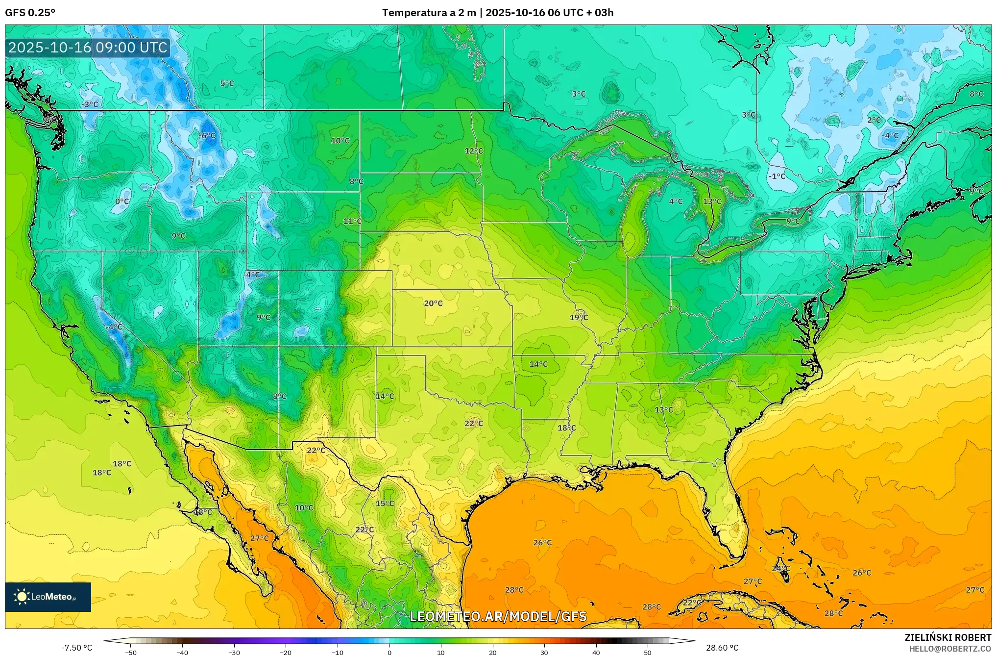 GFS model - Estados Unidos, Temperatura a 2 m GFS model - Estados Unidos, Temperatura a 2 m