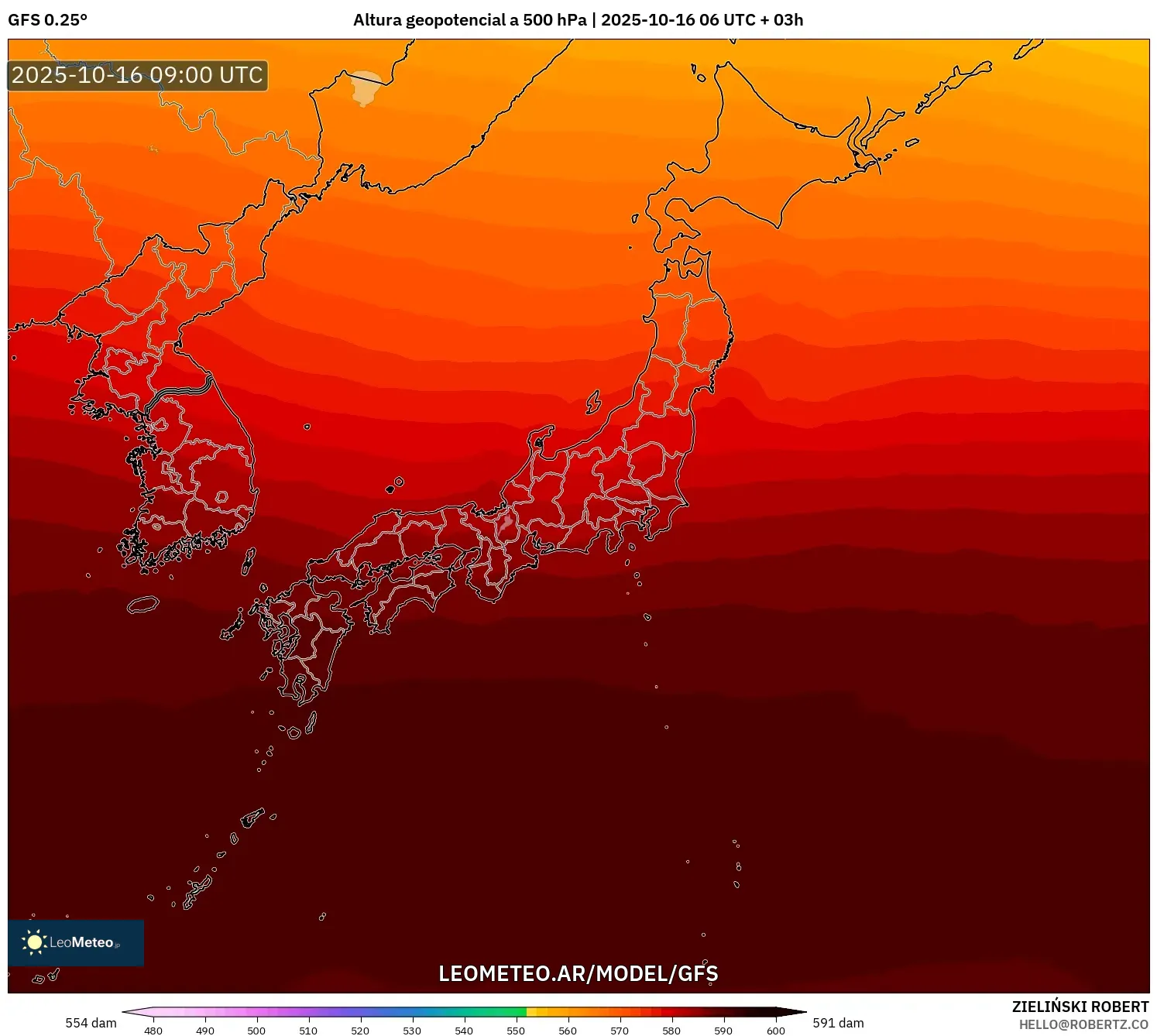 GFS model - Japón, Altura geopotencial a 500 hPa GFS model - Japón, Altura geopotencial a 500 hPa