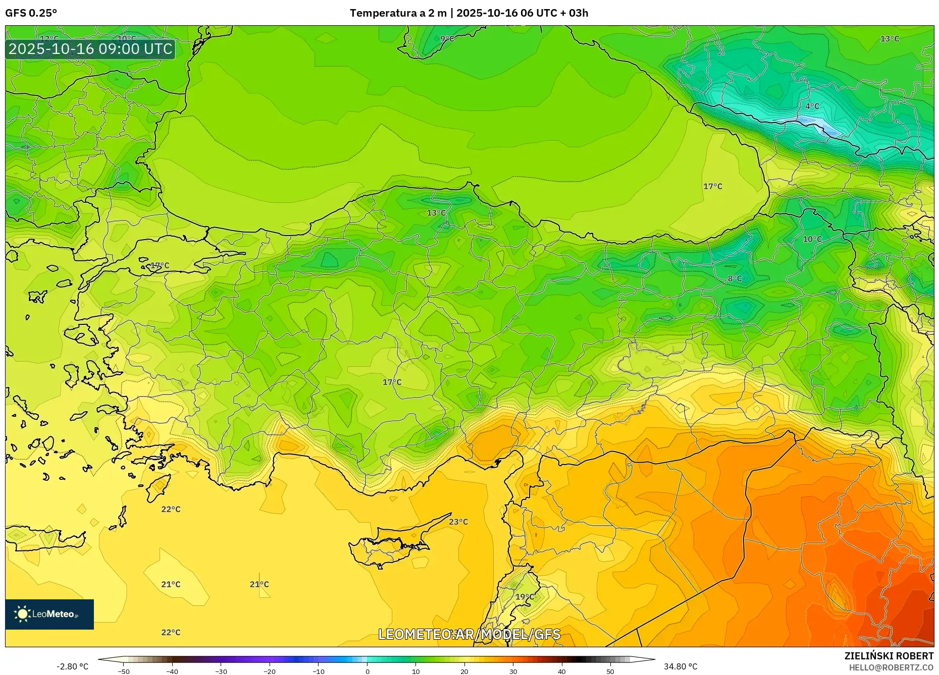 GFS model - Turquía, Temperatura a 2 m GFS model - Turquía, Temperatura a 2 m