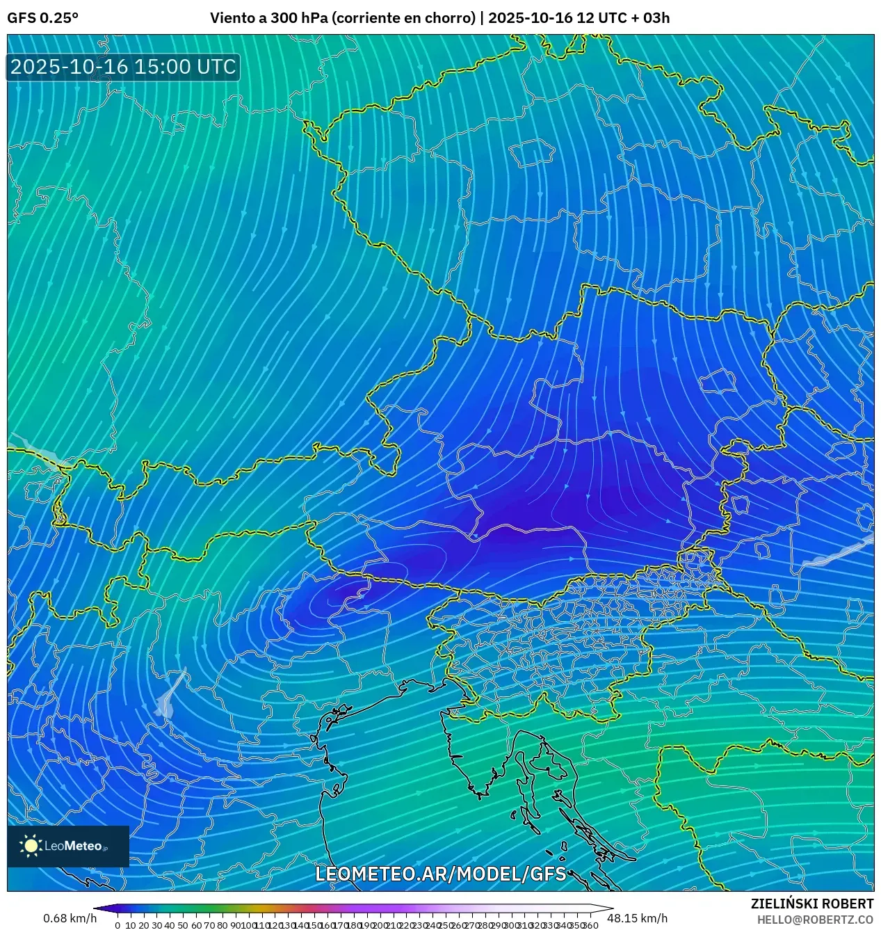 GFS model - Austria, Viento a 300 hPa (corriente en chorro) GFS model - Austria, Viento a 300 hPa (corriente en chorro)