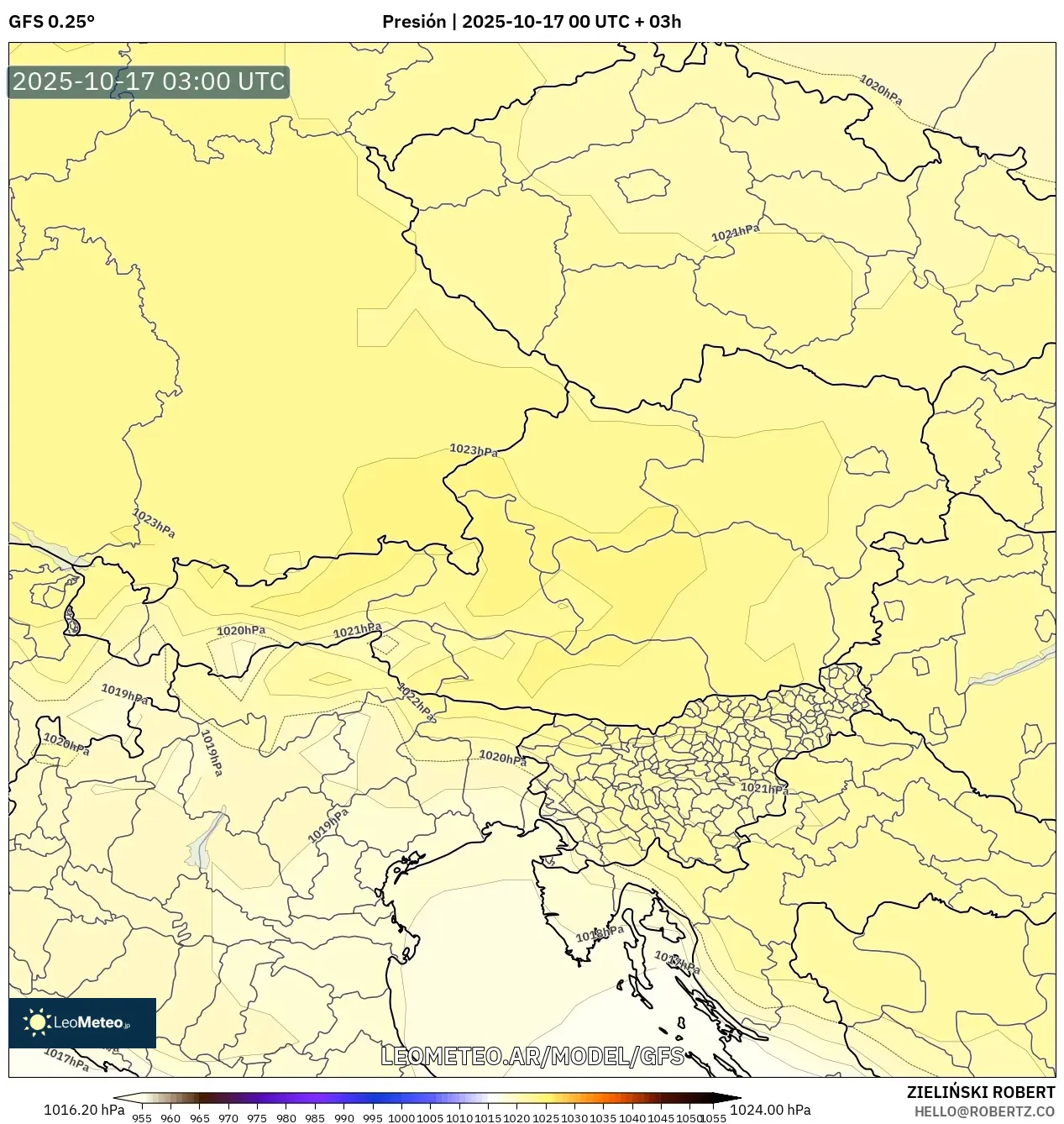 GFS model - Austria, Presión GFS model - Austria, Presión