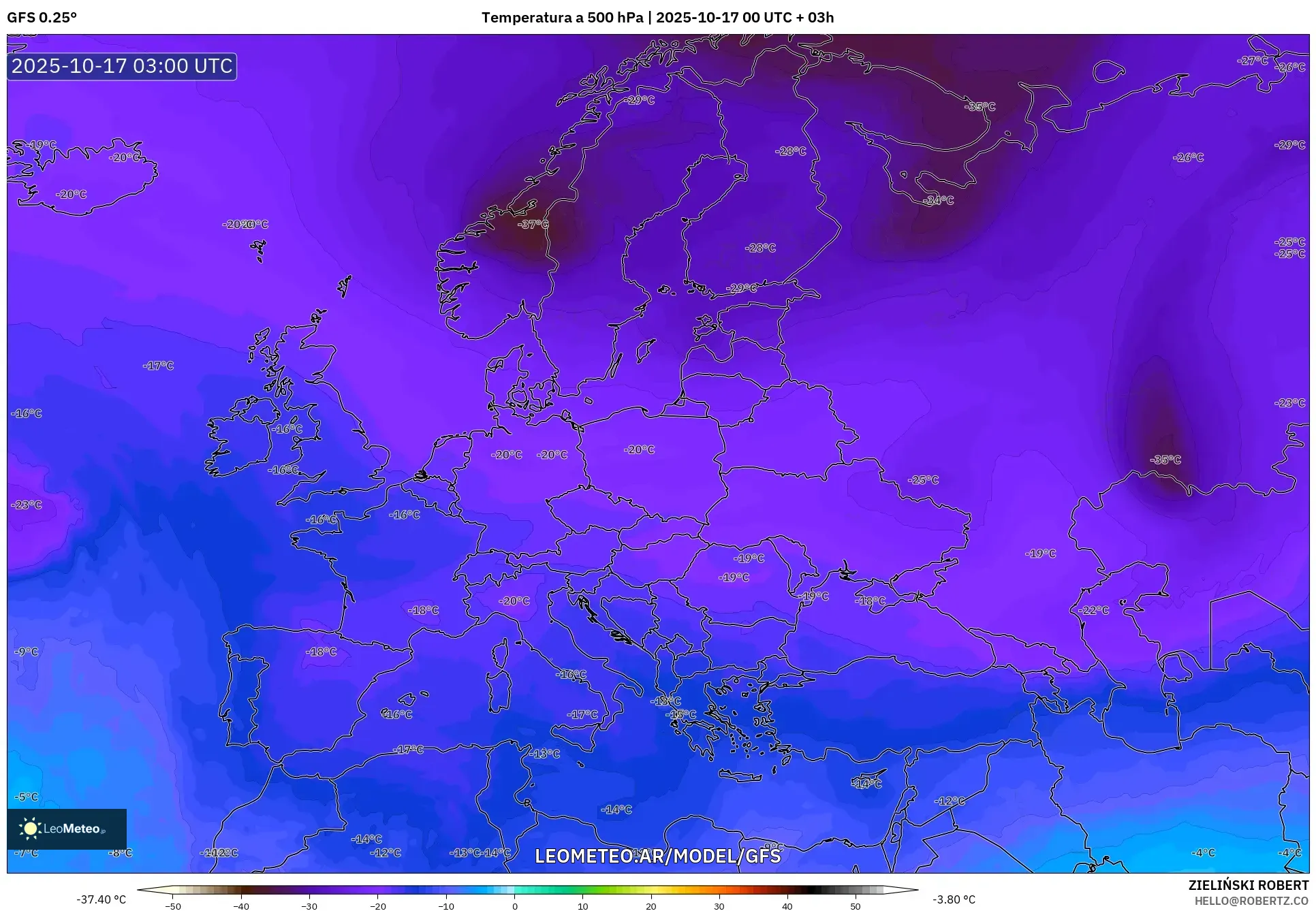 GFS model - Europa, Temperatura a 500 hPa