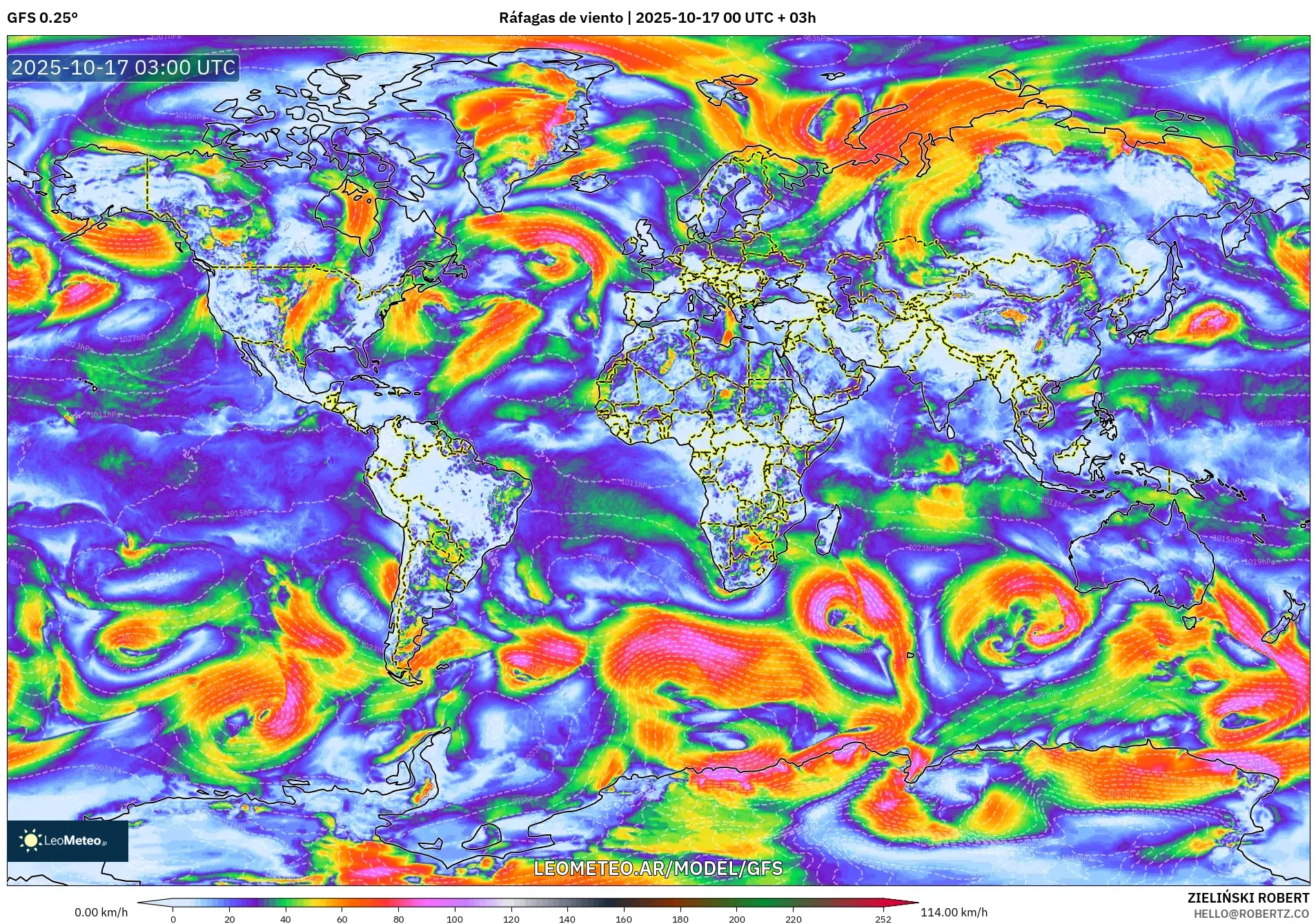 GFS model - Mundo, Ráfagas de viento GFS model - Mundo, Ráfagas de viento