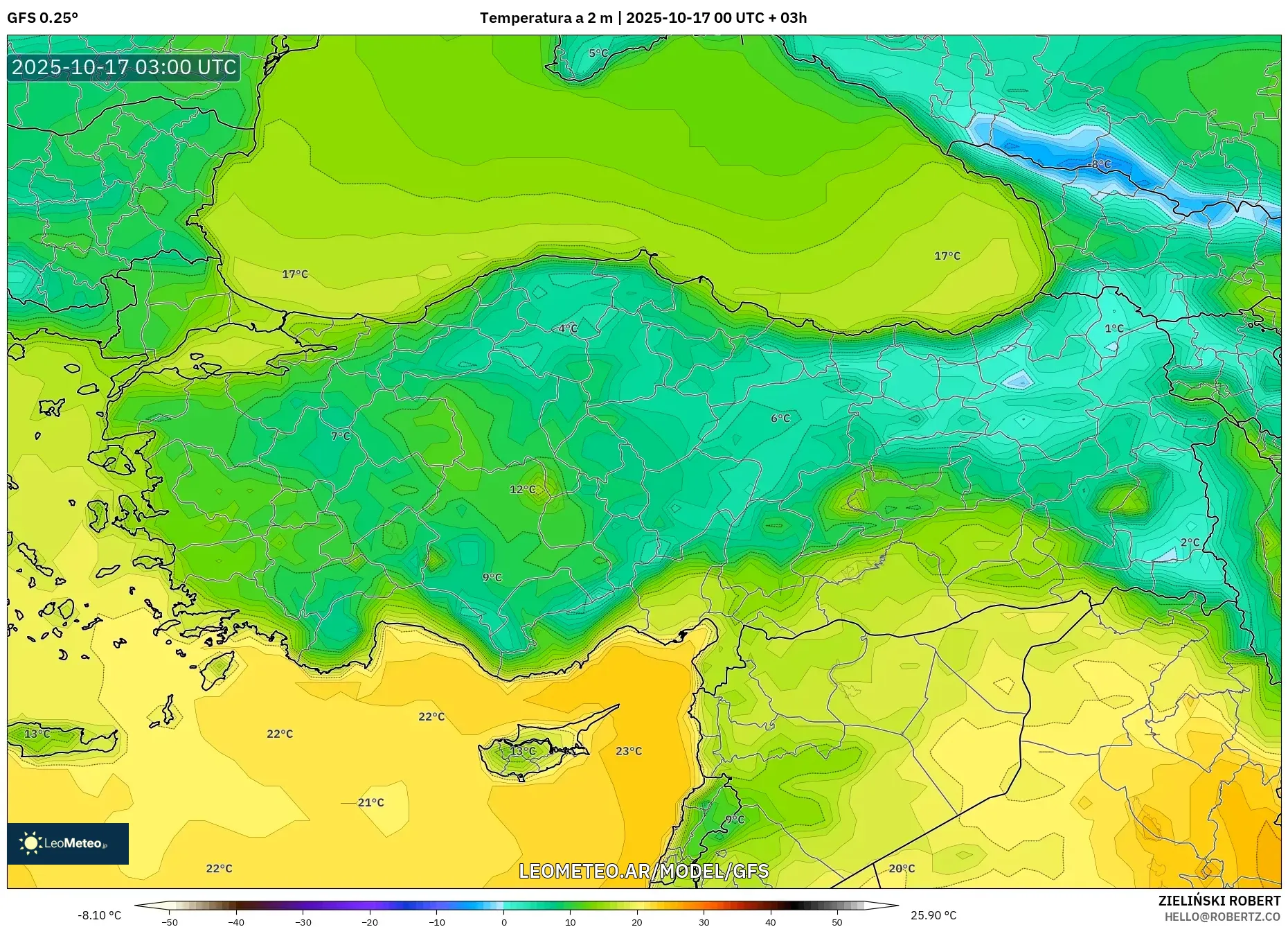 GFS model - Turquía, Temperatura a 2 m GFS model - Turquía, Temperatura a 2 m