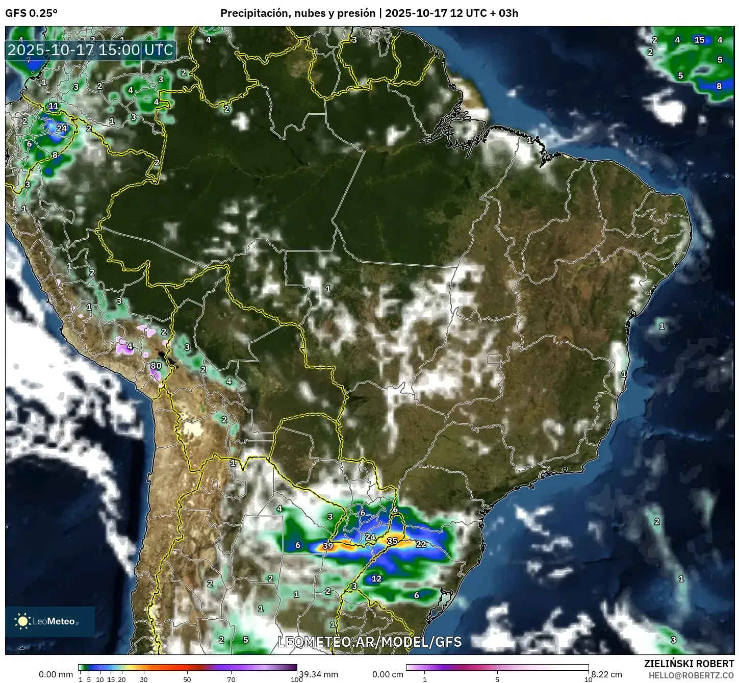 GFS model - Brasil, Precipitación, nubes y presión GFS model - Brasil, Precipitación, nubes y presión
