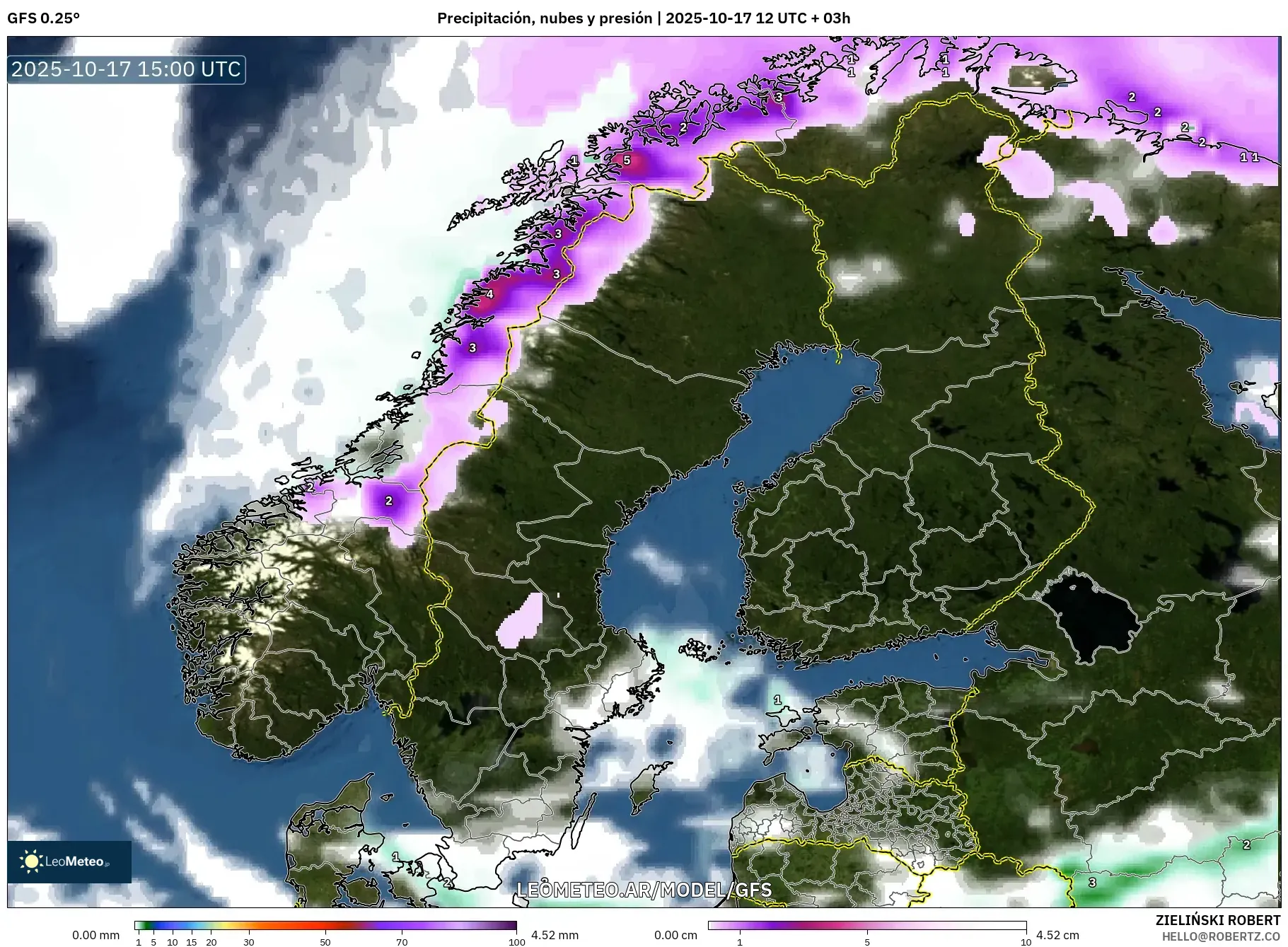 GFS model - Escandinavia, Precipitación, nubes y presión GFS model - Escandinavia, Precipitación, nubes y presión