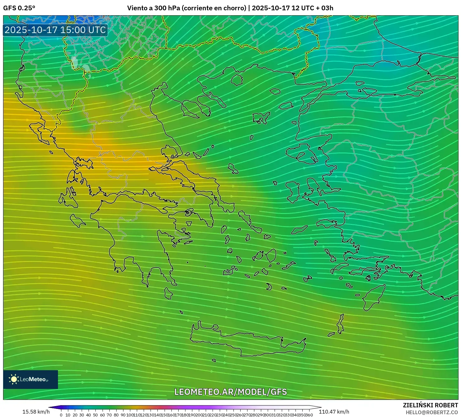 GFS model - Grecia, Viento a 300 hPa (corriente en chorro) GFS model - Grecia, Viento a 300 hPa (corriente en chorro)