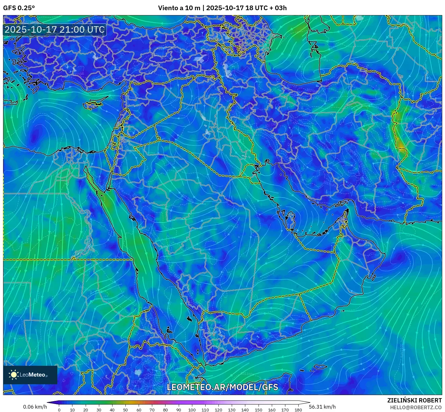 GFS model - Oriente Medio, Viento a 10 m GFS model - Oriente Medio, Viento a 10 m
