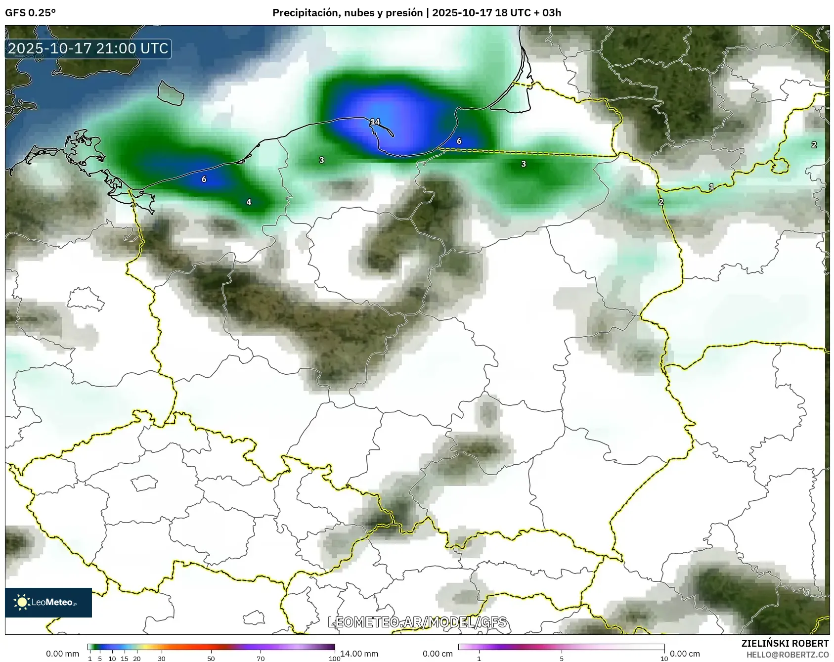 GFS model - Polonia, Precipitación, nubes y presión GFS model - Polonia, Precipitación, nubes y presión