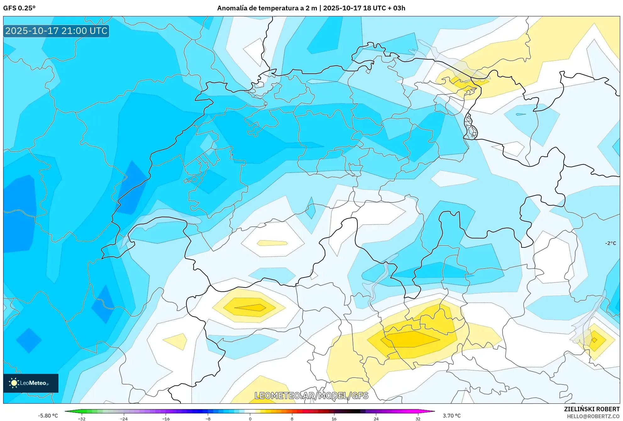 GFS model - Suiza, Anomalía de temperatura a 2 m GFS model - Suiza, Anomalía de temperatura a 2 m