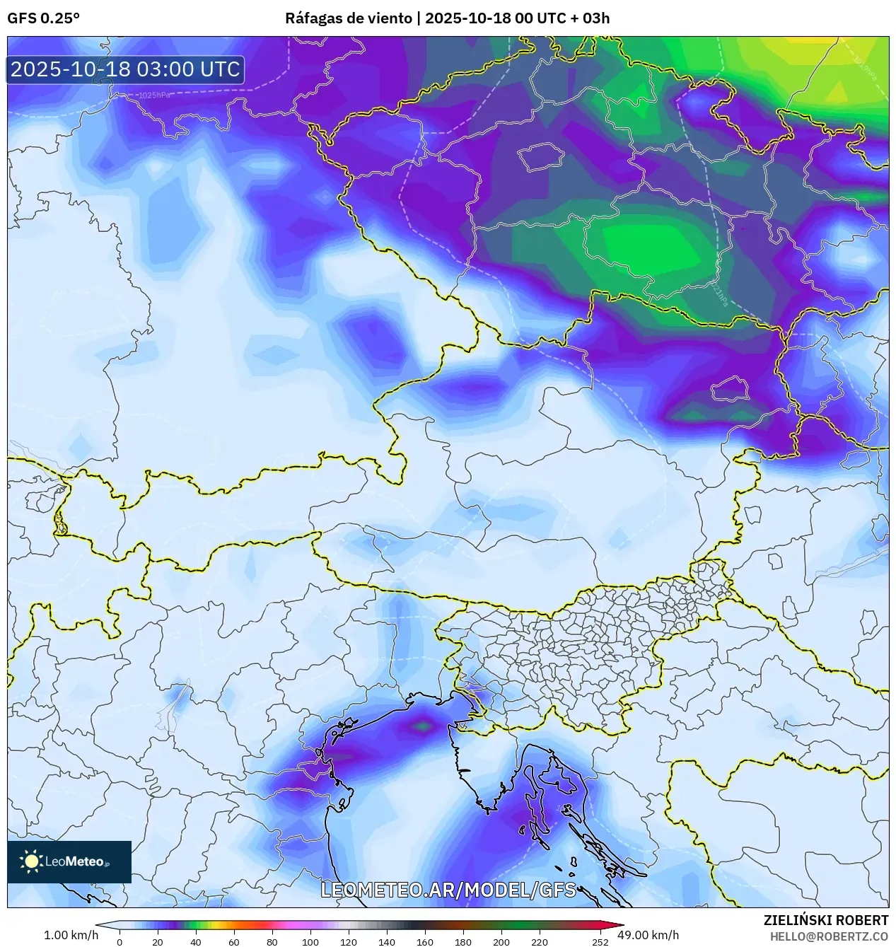 GFS model - Austria, Ráfagas de viento GFS model - Austria, Ráfagas de viento
