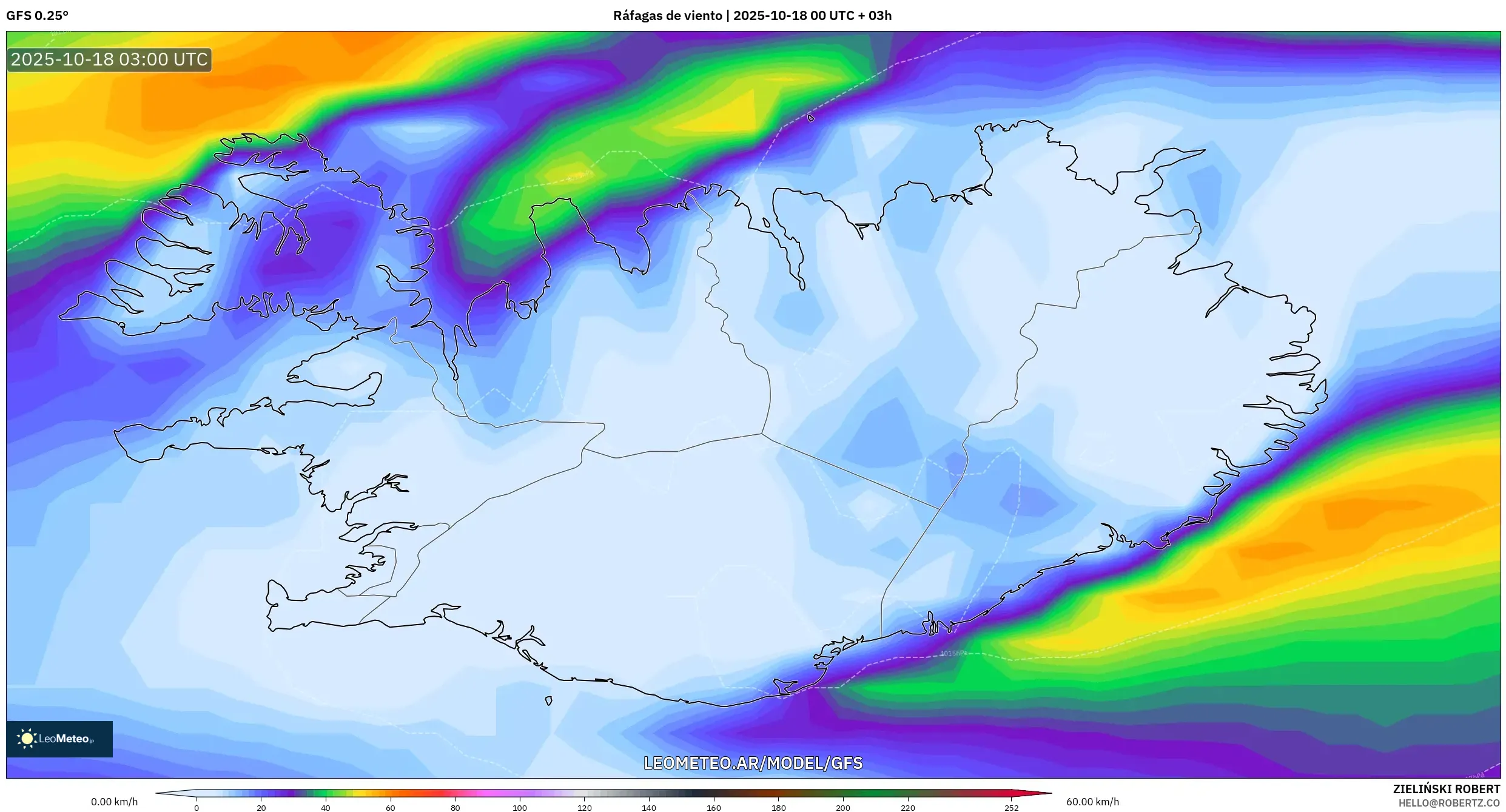 GFS model - Islandia, Ráfagas de viento GFS model - Islandia, Ráfagas de viento