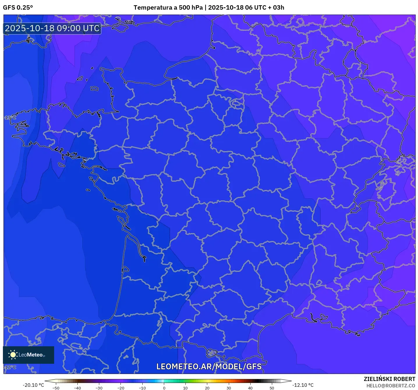 GFS model - Francia, Temperatura a 500 hPa