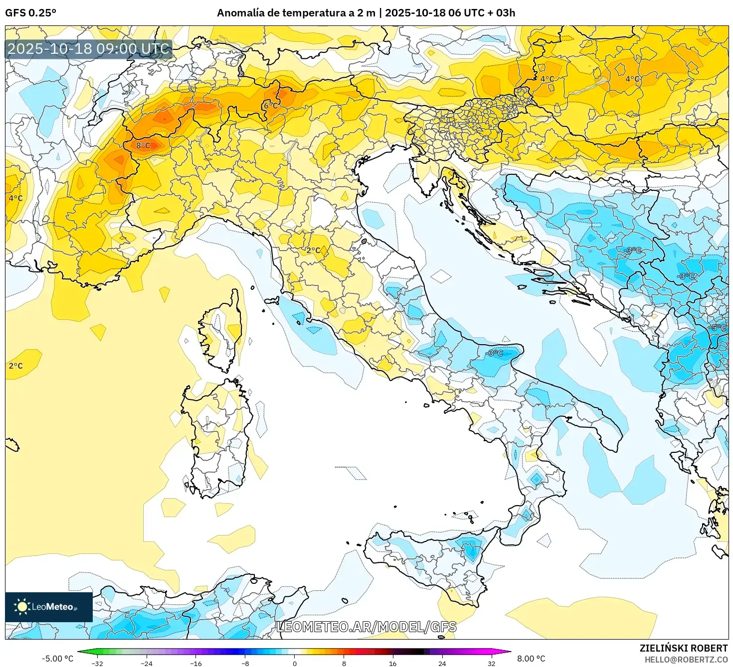 GFS model - Italia, Anomalía de temperatura a 2 m GFS model - Italia, Anomalía de temperatura a 2 m
