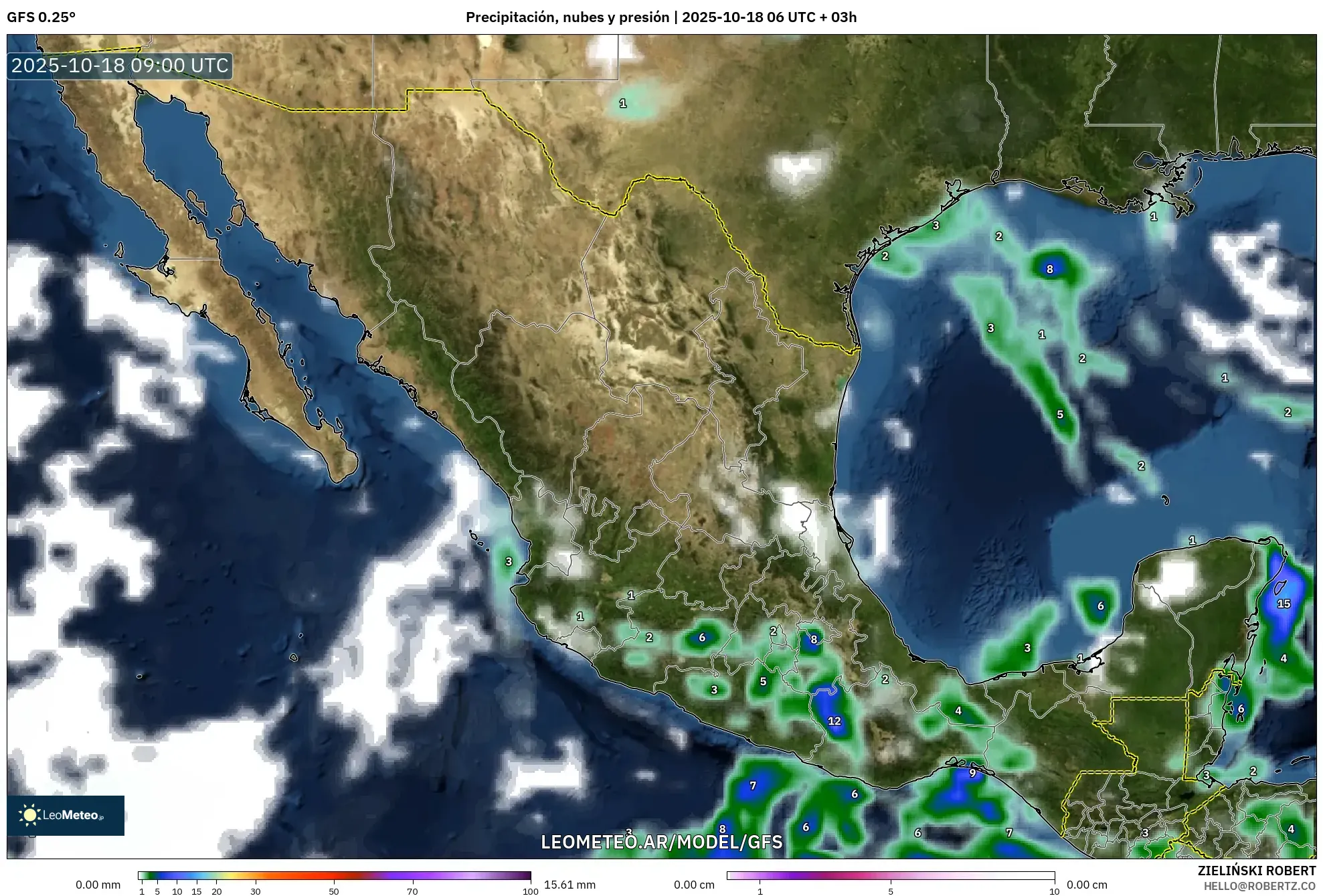 GFS model - México, Precipitación, nubes y presión GFS model - México, Precipitación, nubes y presión