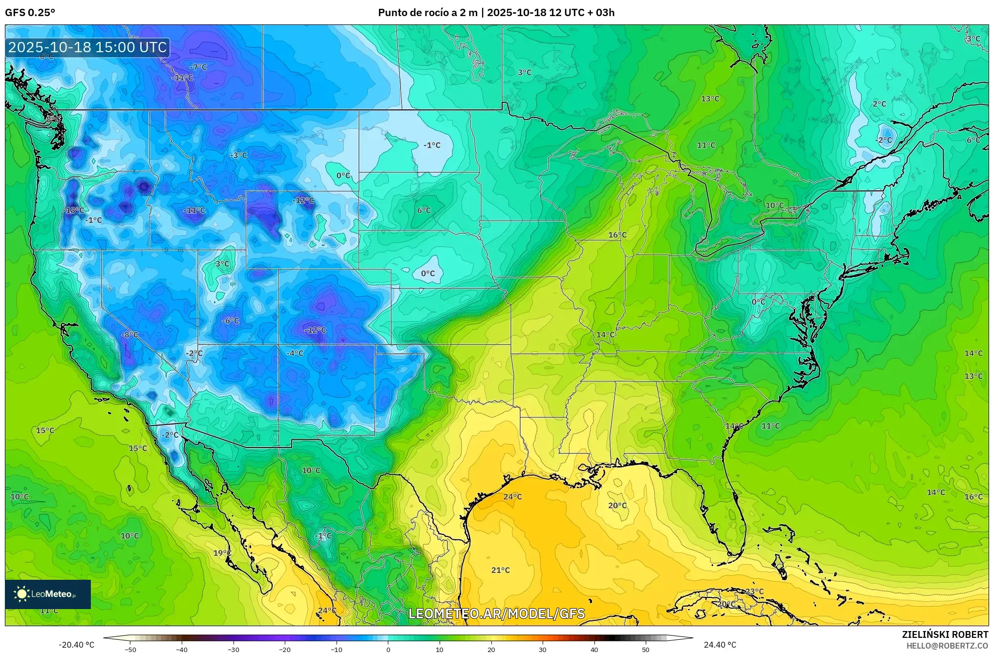 GFS model - Estados Unidos, Punto de rocío a 2 m GFS model - Estados Unidos, Punto de rocío a 2 m