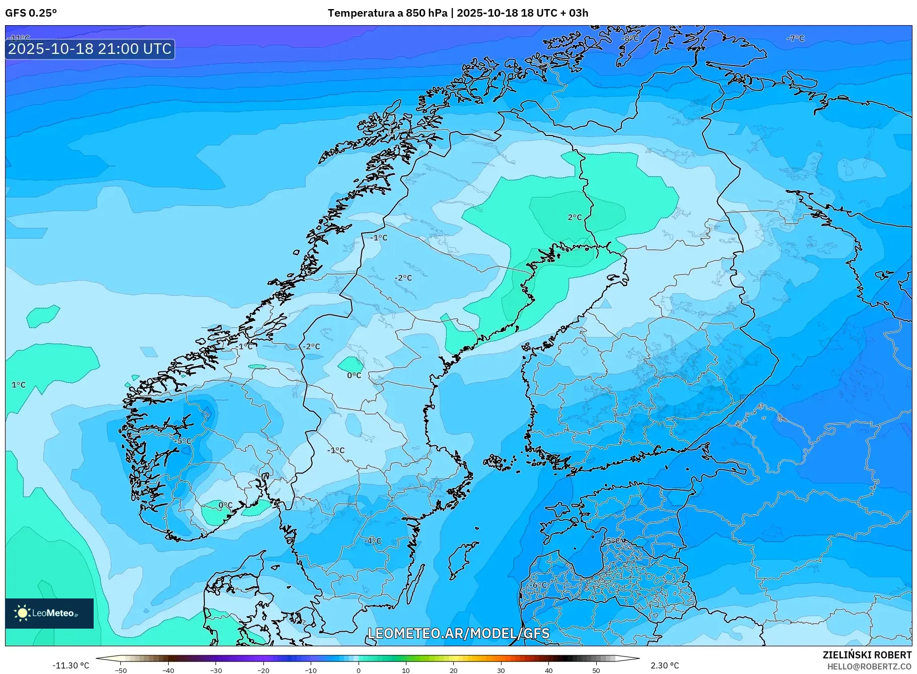 GFS model - Escandinavia, Temperatura a 850 hPa GFS model - Escandinavia, Temperatura a 850 hPa