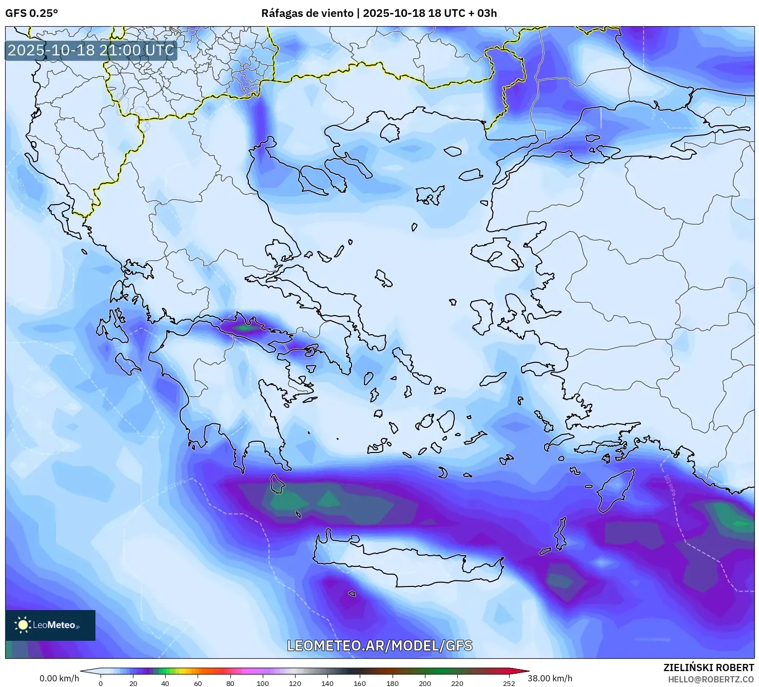 GFS model - Grecia, Ráfagas de viento GFS model - Grecia, Ráfagas de viento