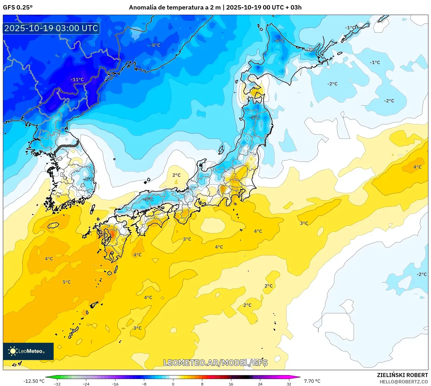 GFS model - Japón, Anomalía de temperatura a 2 m GFS model - Japón, Anomalía de temperatura a 2 m