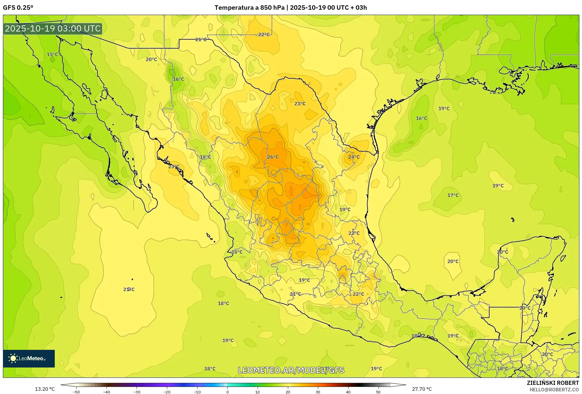 GFS model - México, Temperatura a 850 hPa GFS model - México, Temperatura a 850 hPa
