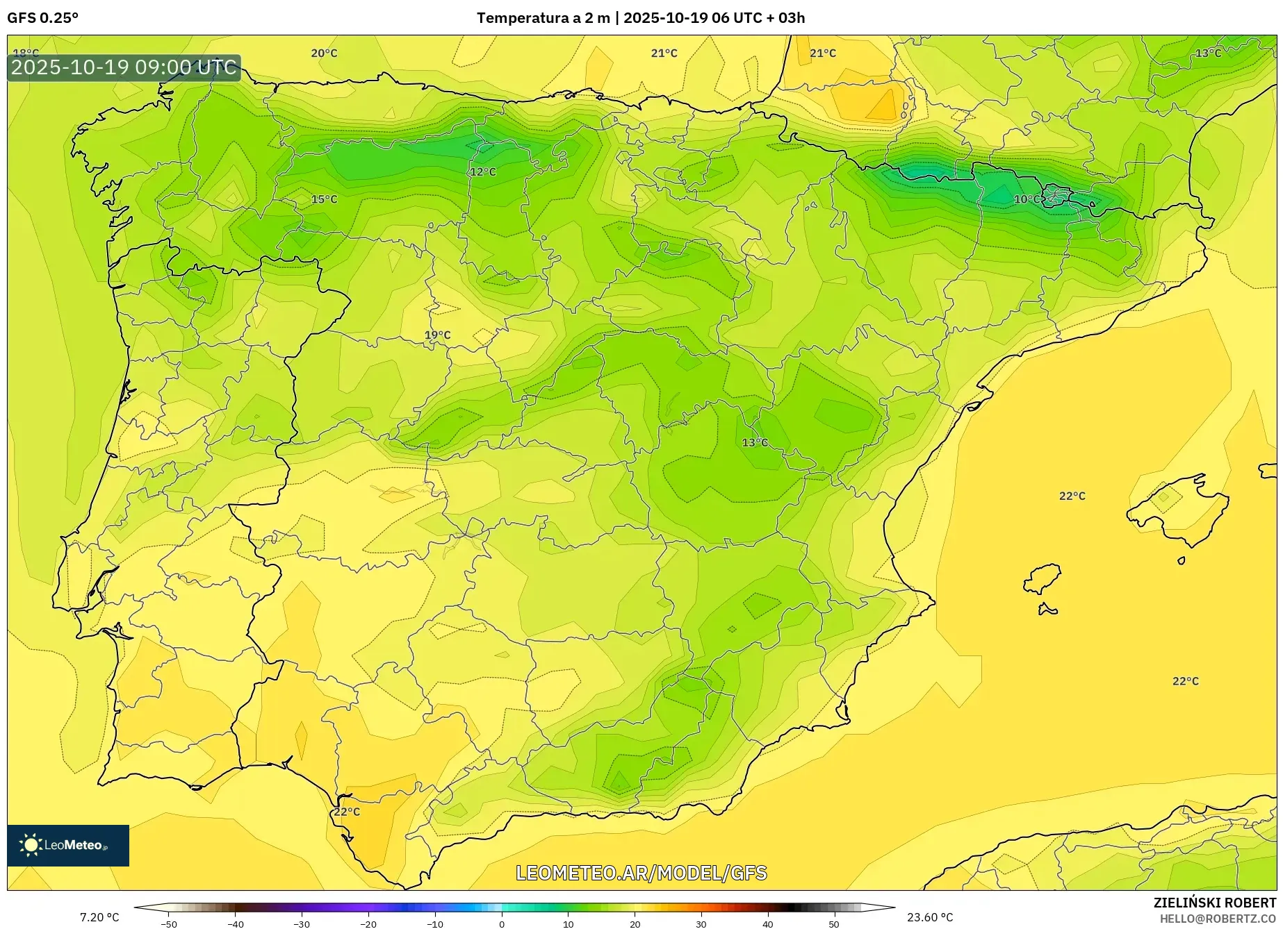 GFS model - España, Temperatura a 2 m GFS model - España, Temperatura a 2 m
