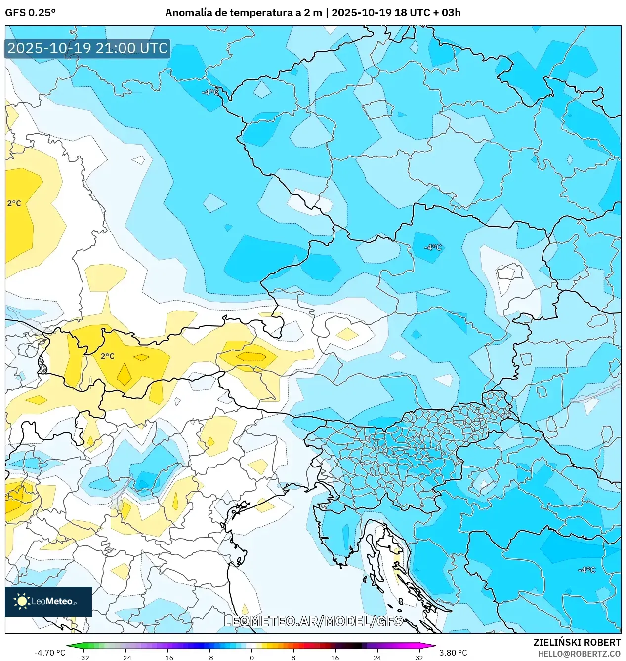 GFS model - Austria, Anomalía de temperatura a 2 m GFS model - Austria, Anomalía de temperatura a 2 m