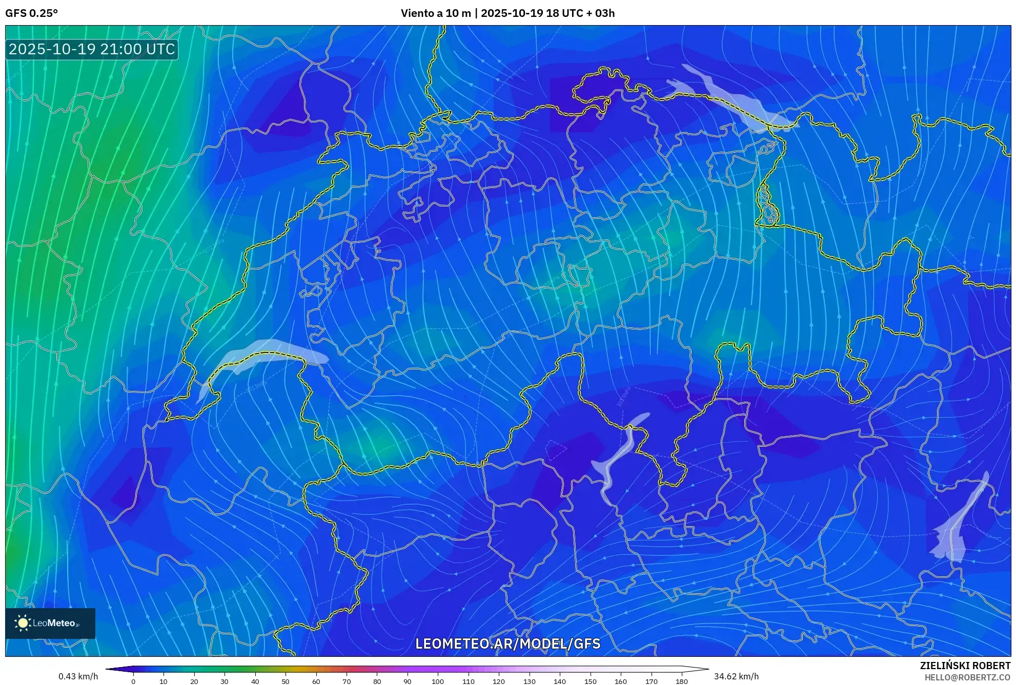 GFS model - Suiza, Viento a 10 m GFS model - Suiza, Viento a 10 m