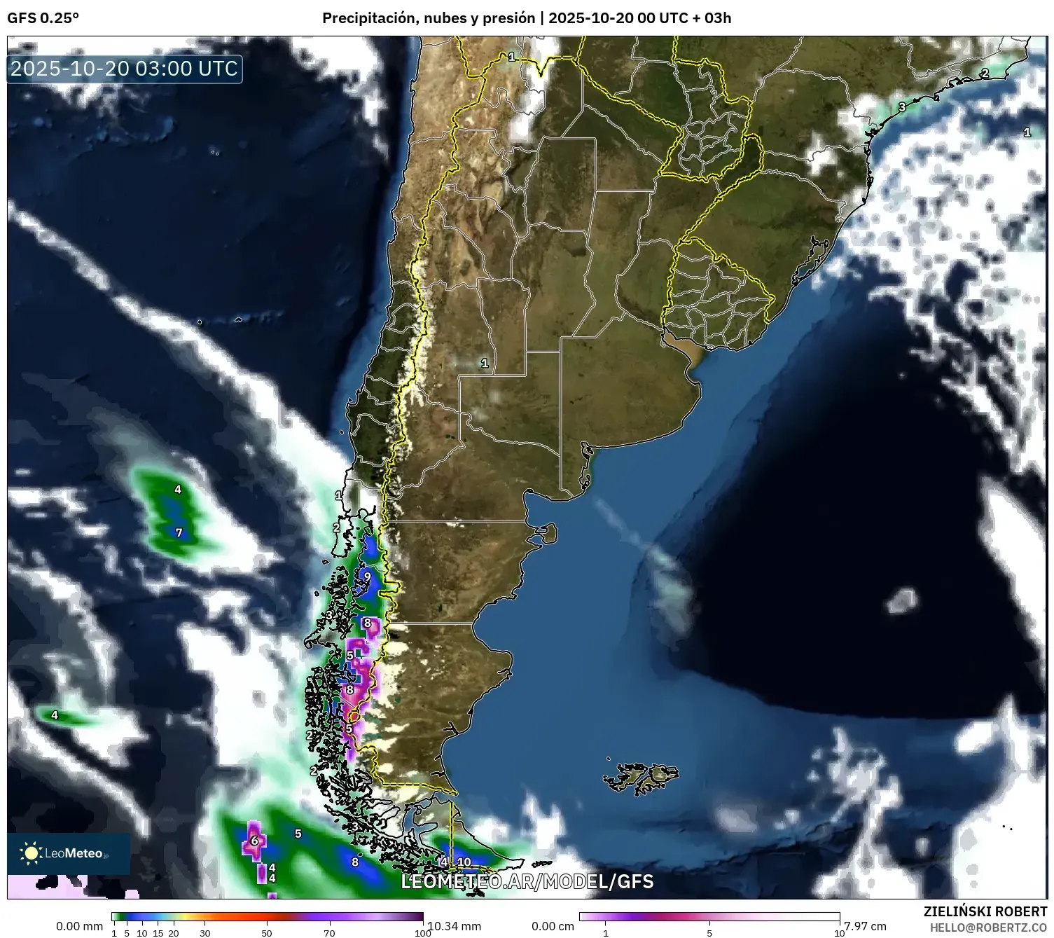 GFS model - Argentina, Precipitación, nubes y presión GFS model - Argentina, Precipitación, nubes y presión